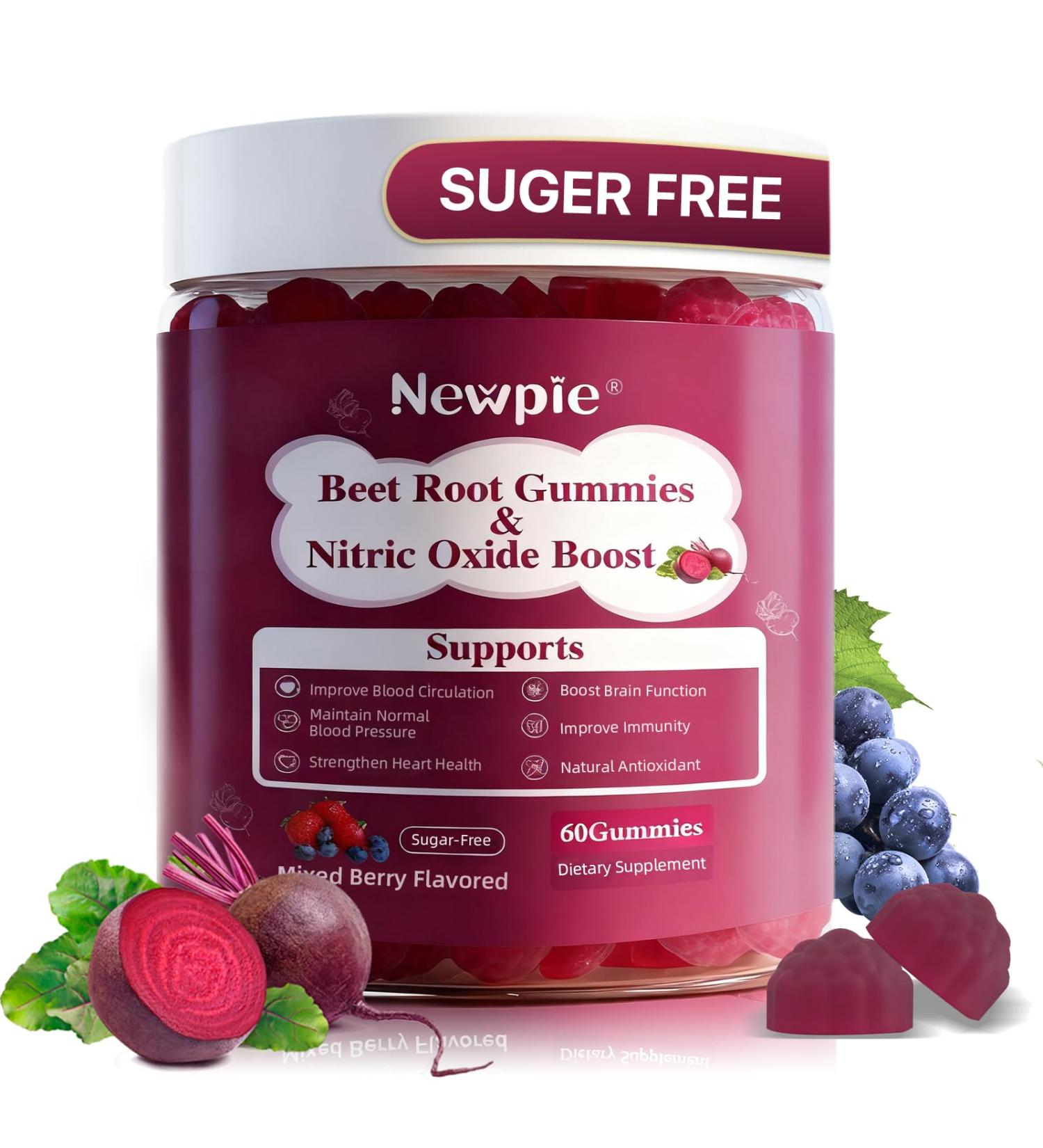 Newpie Beet Root Gummies,Super Nitric Oxide Beets Supplement,Grape Seed&Black Pepper Extract,Vitamin C & B12,Supports Blood Pressure&Energy,Mixed Berry,Organic Beetroot,60 Beet Chews - Buy Online on GoSupps.com