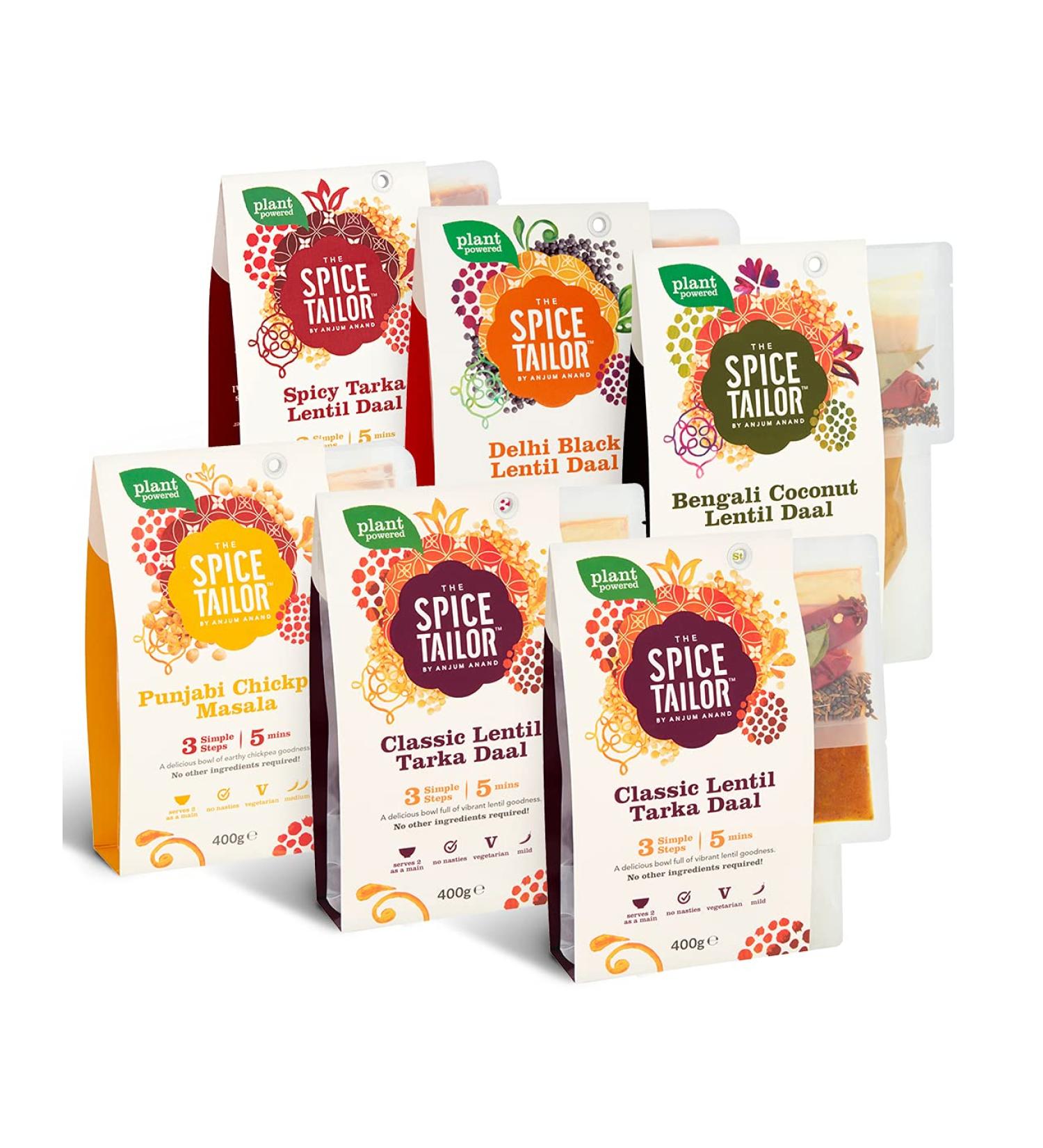 The Spice Tailor Pack of 6 Delhi Black Lentils + 1 Punjabi Chickpea Masala + 1 Spicy Tarka Daal + 2 Classic Tarka Daal Lentils + 1 Bengali Coconut Lentil Daal - Buy Online on GoSupps.com