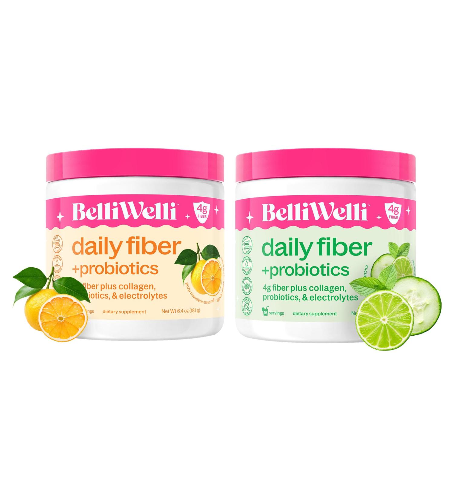 Daily Fiber Supplement Bundle with Added Collagen Probiotics & Electrolytes - Cucumber Lime Mint & Orange Yuzu Mandarin Flavors - Supports Digestive Health Debloating & Hydration - 32 Servings Total - Buy Online on GoSupps.com
