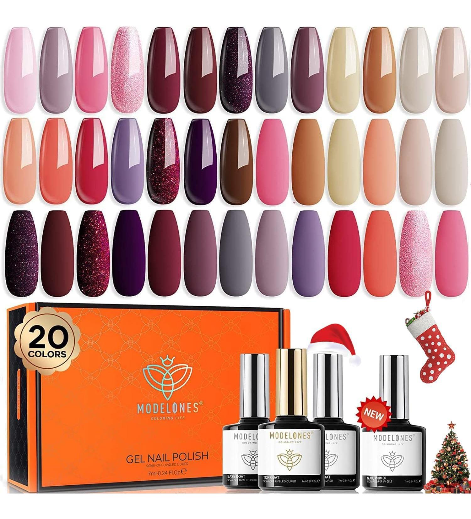 Modelones 24 Pcs Gel Nail Polish Set 20 Colors Nude Gray Pink Glitters Gel Nail Polish Set with Bond Primer Glossy & Matte Top Base Coat Nail Art Manicure DIY Salon at Home Brown Gray Pink Purple Red - Buy Online on GoSupps.com