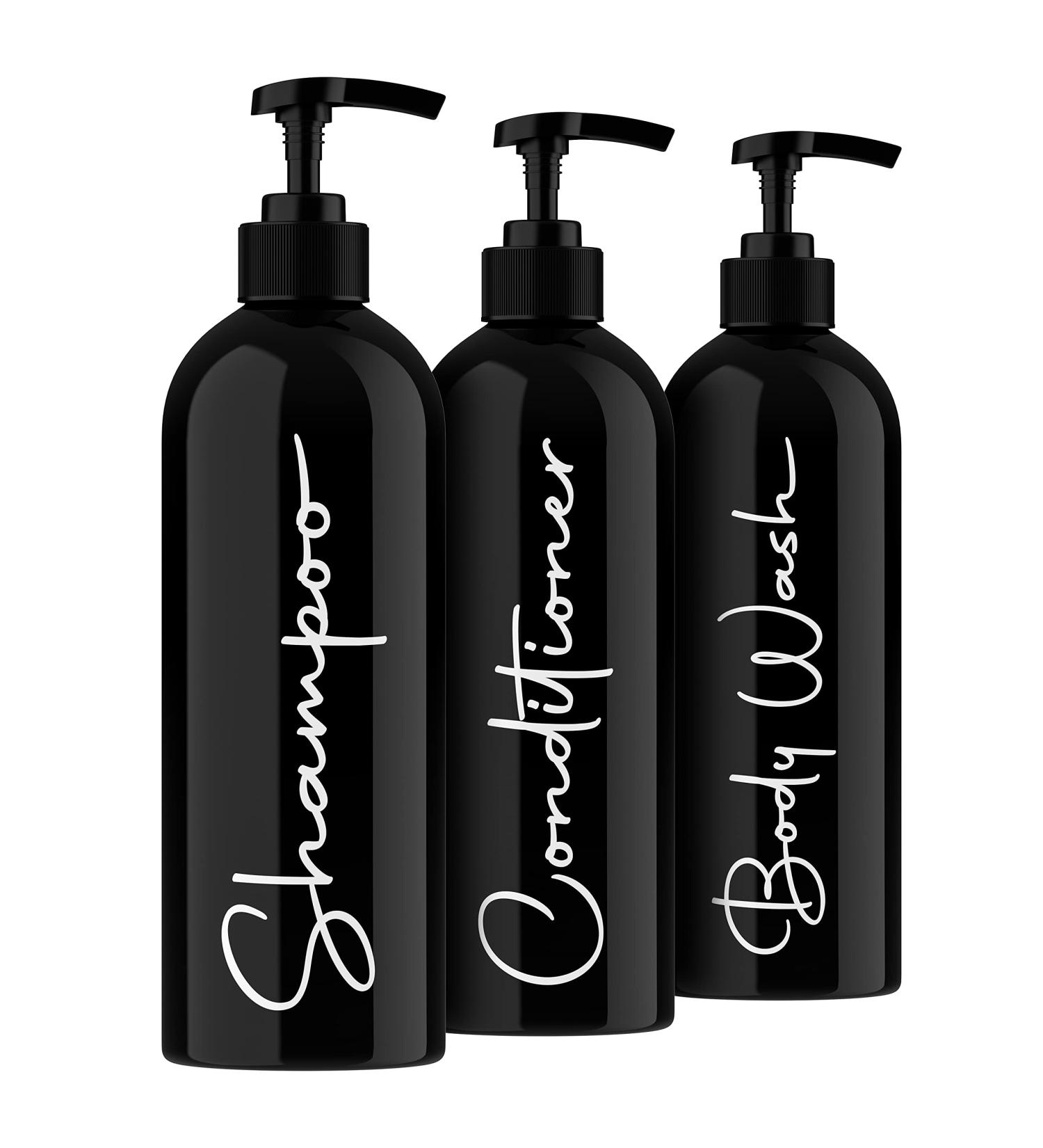 Alora Home Essentials Reusable Shampoo and Conditioner Bottles - Set of 3 Matte Black Permanent Stylish Labels 16oz Pump Bottle Dispenser Body Wash Plastic Refillable (MBBW16) Set of 3 (16oz) Black - Buy Online on GoSupps.com