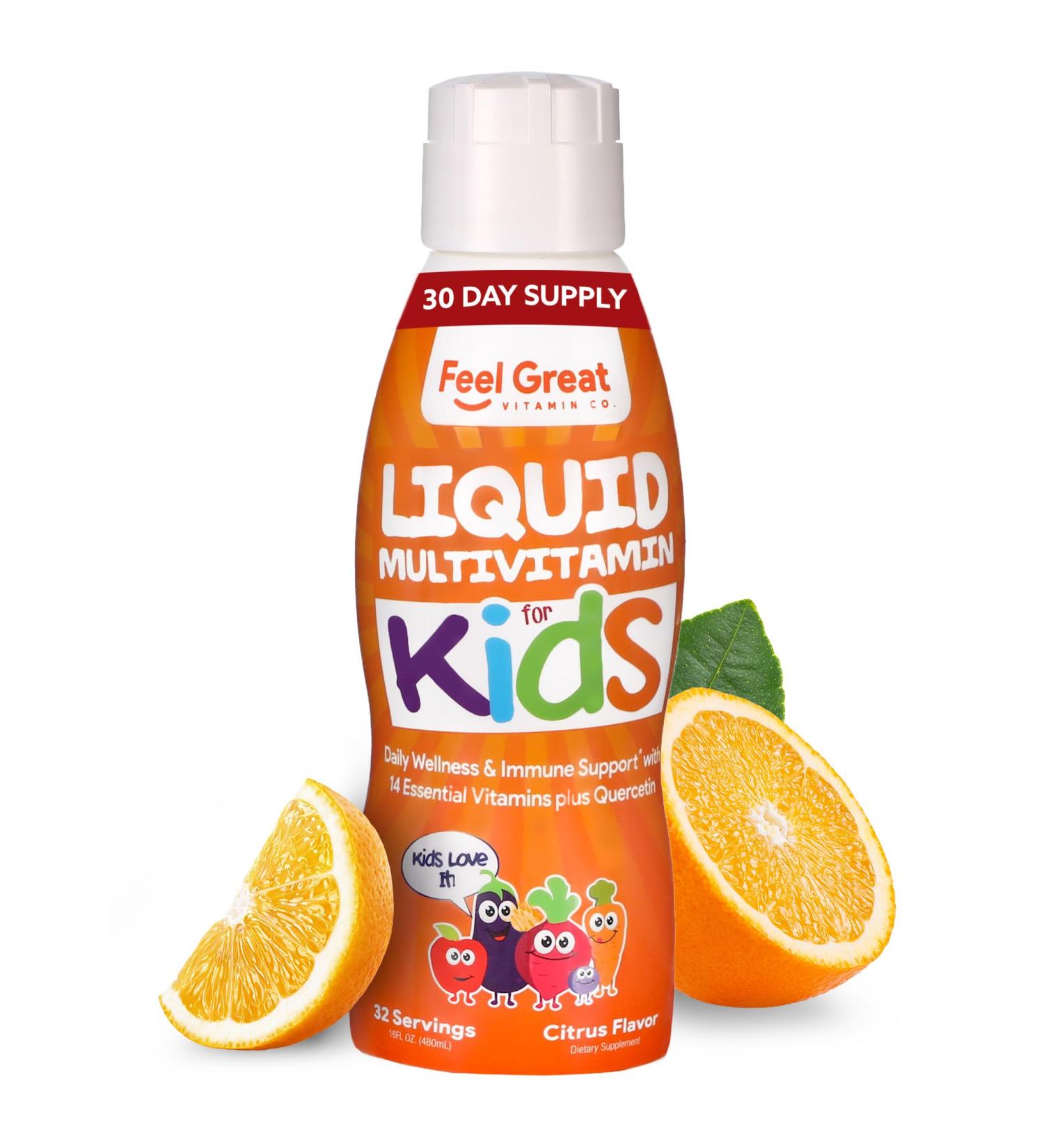Feel Great Kids Liquid Multivitamin - Orange Flavored Vegetarian & Sugar-Free | Essential Vitamins & Immune Support | 30 Day Supply - 16 Fl Oz - Buy Online on GoSupps.com