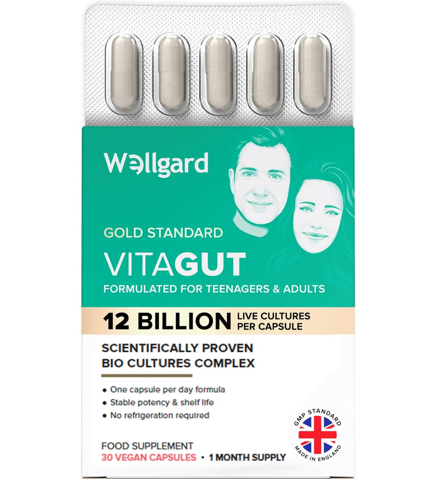 Wellgard Vitagut Probiotics for Gut Allergen-Free 12 Billion CFU Per Capsule Scientifically Proven Vegan Made in UK - Buy Online on GoSupps.com