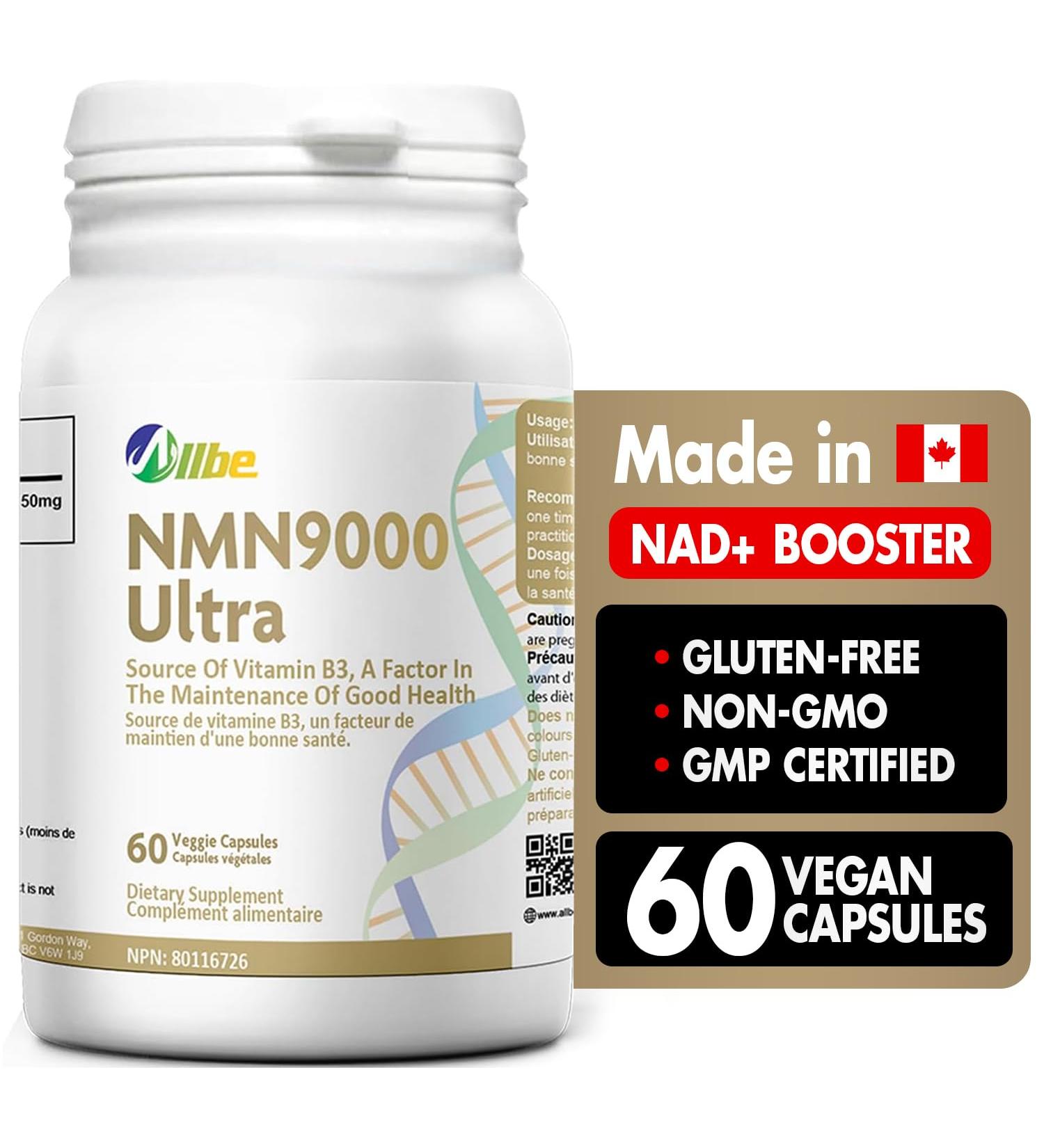 ALLBE NMN 9000 Ultra | 60 Capsules | 99% Purity Nicotinamide Mononucleotide 150 mg Servings | NAD+ Booster Supplement for Cellular Energy Metabolism Repair Immunity and Healthy Aging 60 count (Pack of 1) - Buy Online on GoSupps.com