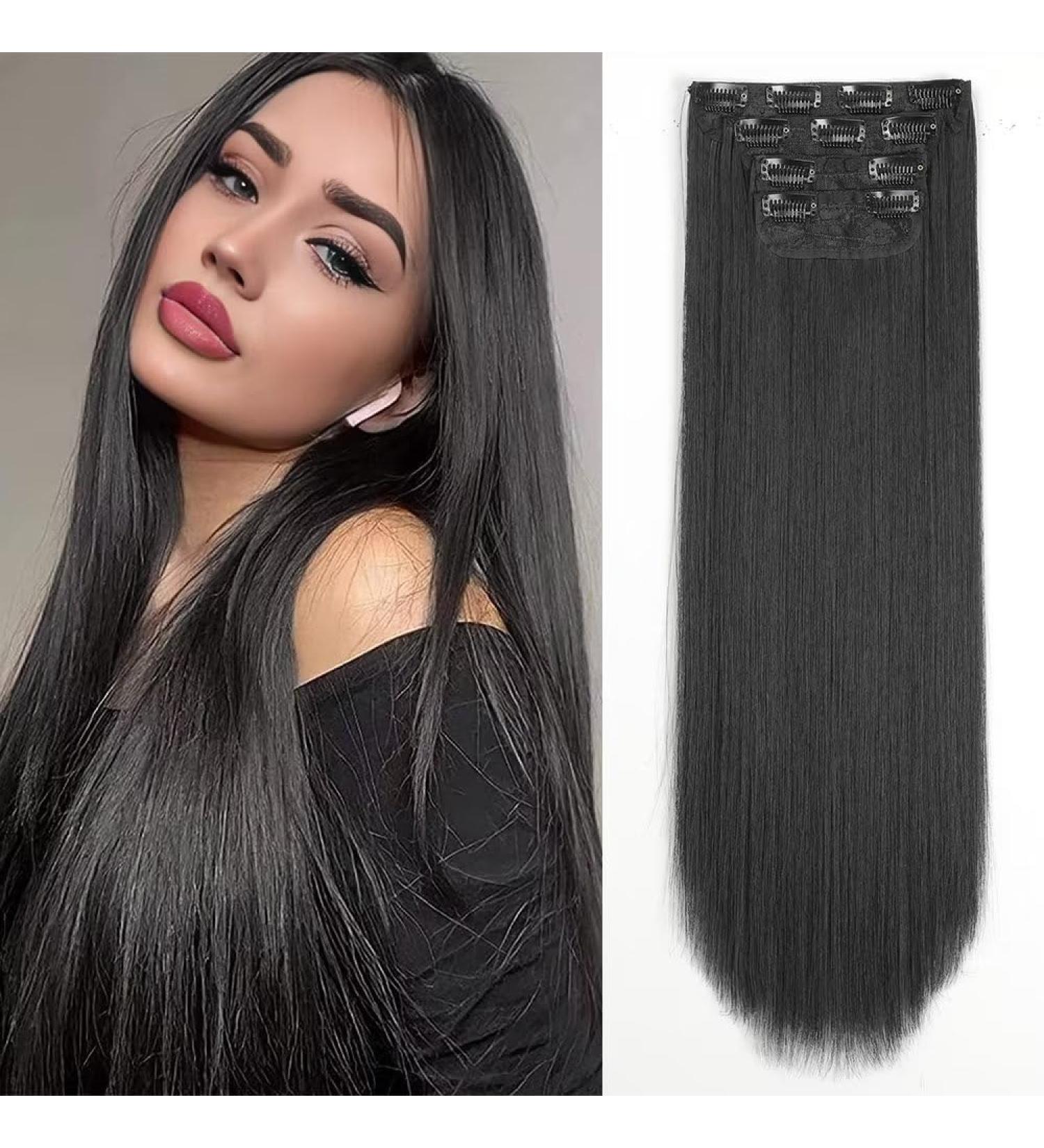 YDDM 24-Inch Clip-In Hair Extensions - Black Synthetic Smooth & Full (1B) - Affordable Realistic Look for Women (4PCs) - Buy Online on GoSupps.com