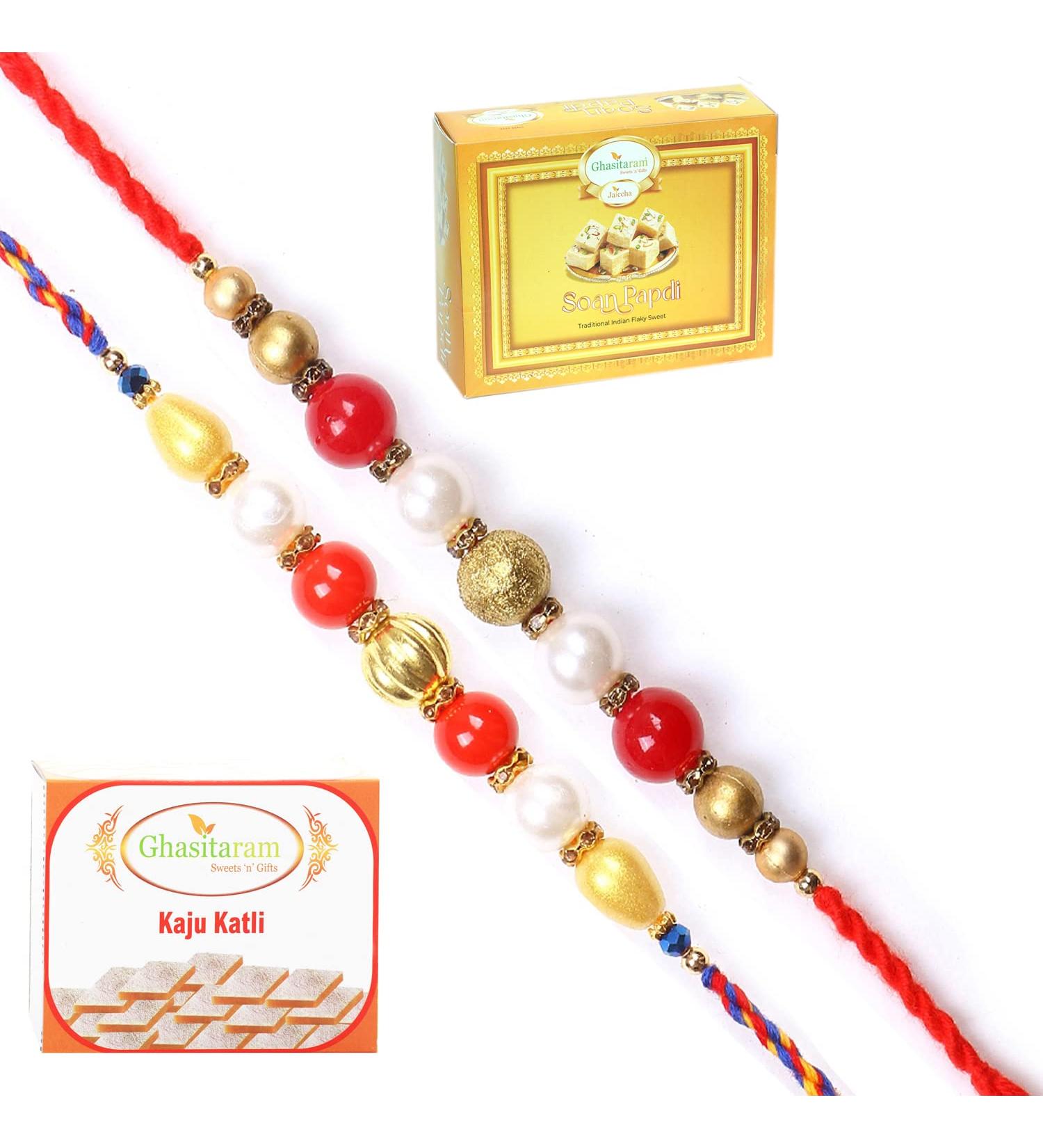 Ghasitaram Gifts Rakhi for Brother Rakhis Online - Set of 2 7615 7622 Pearl Rakhis with 200 GMS of Kaju katli and 200 GMS of Soan Papdi - Buy Online on GoSupps.com