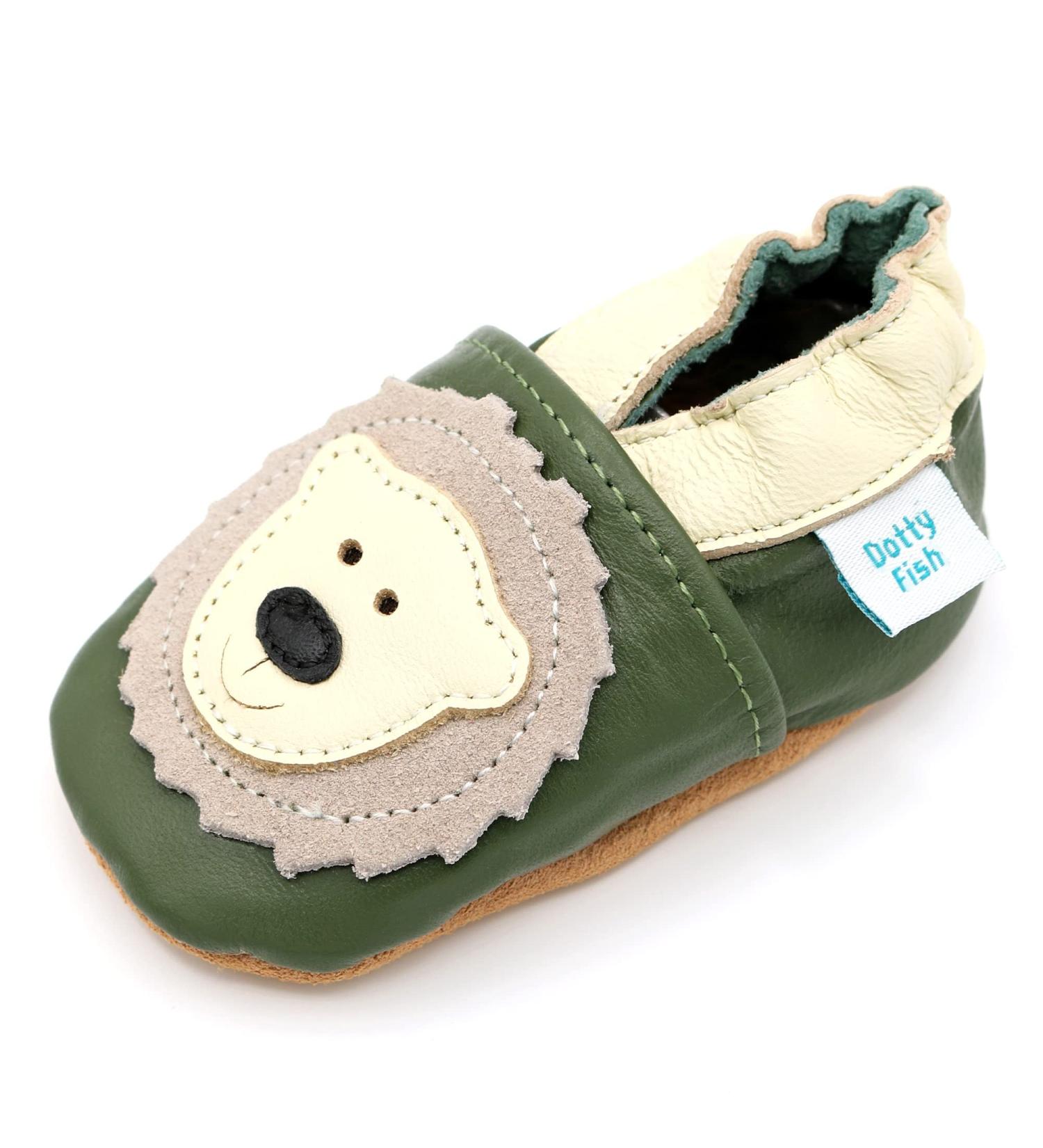 Dotty Fish Soft Leather Baby Shoes for Boys | Animal Designs | Non Slip Toddler Shoes | 0-6 months to 4-5 Years | Green & Cream Bear Design - Buy Online on GoSupps.com
