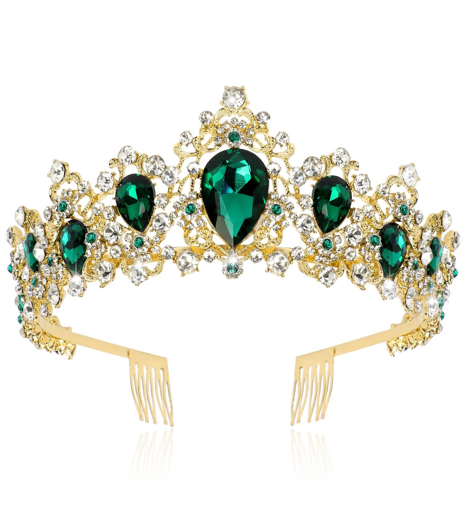 Didder Baroque Vintage Tiara - Green Crystal Crown for Women - Royal Gold Headband for Bridal, Wedding, Prom, Birthday Party - Buy Online on GoSupps.com