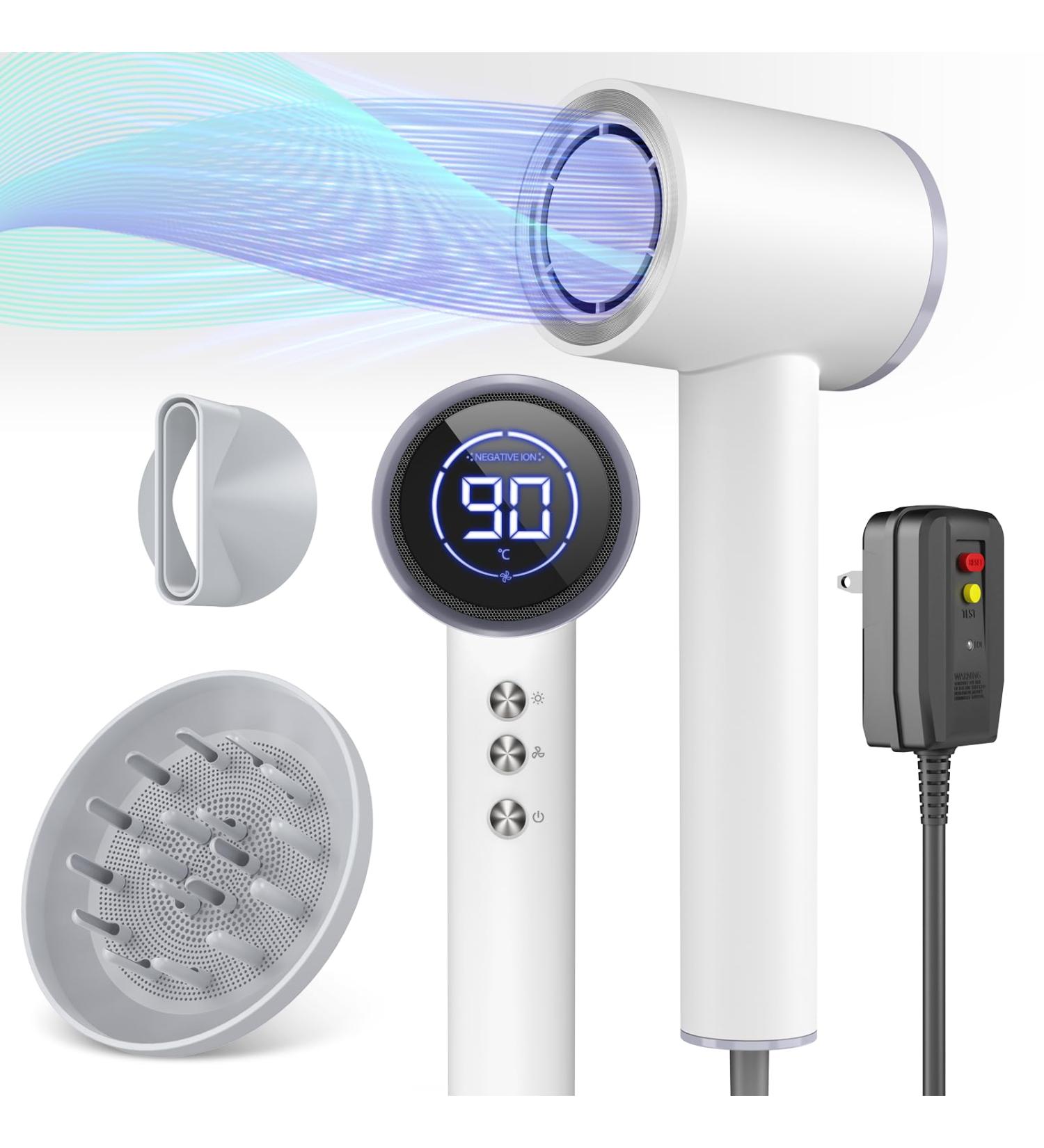 High-Speed Ionic Hair Dryer with Diffuser - 110 000 RPM Professional Blow Dryer for Fast Drying | Portable Salon Hair Dryer with Magnetic Nozzle & LED Display - Pearl White - Buy Online on GoSupps.com