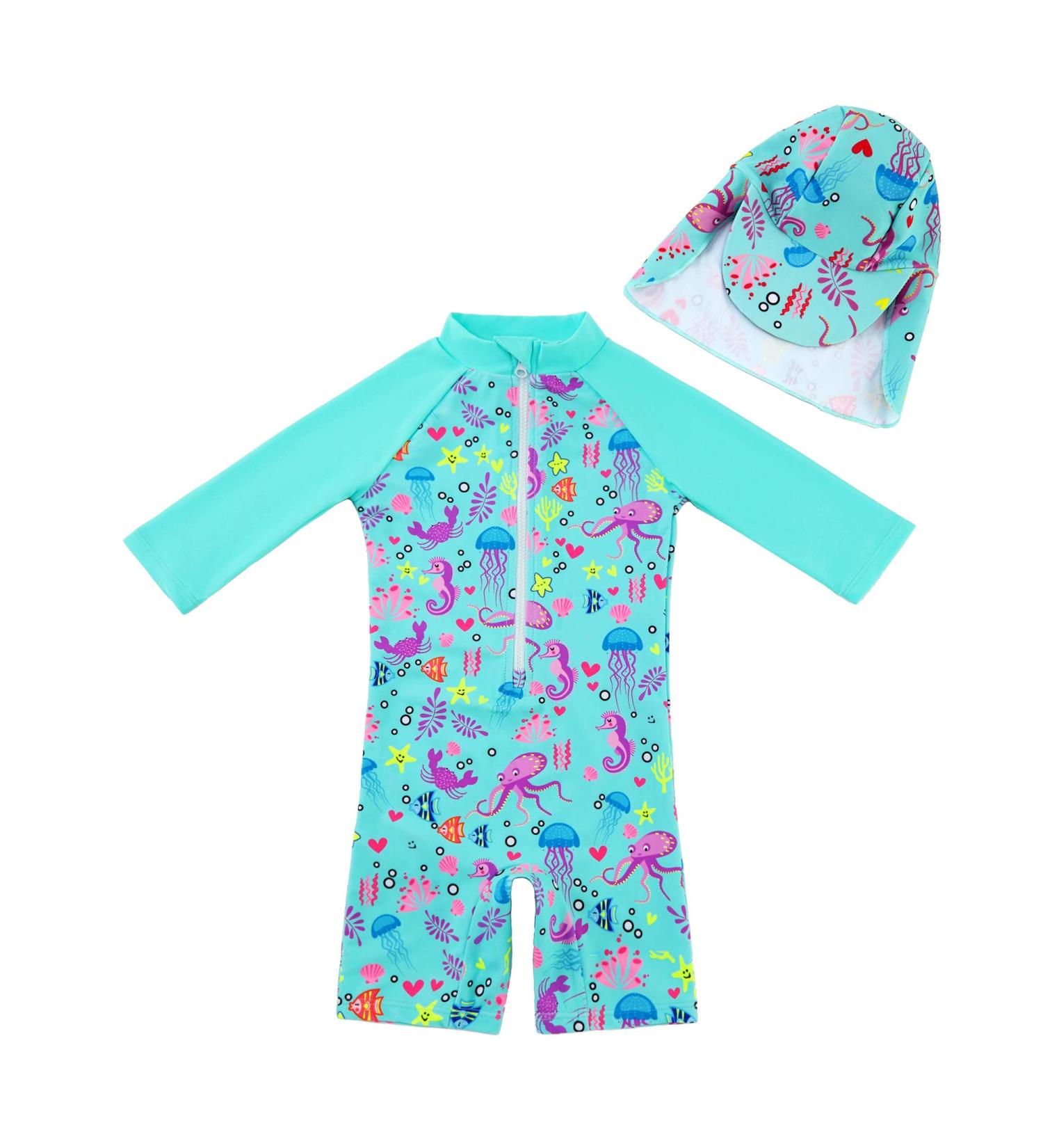 UPF 50+ Green Baby Girl One Piece Swimwear Suit with Sun Hat 6-9 Months | UPandFast Toddler Swimsuit - Buy Online on GoSupps.com