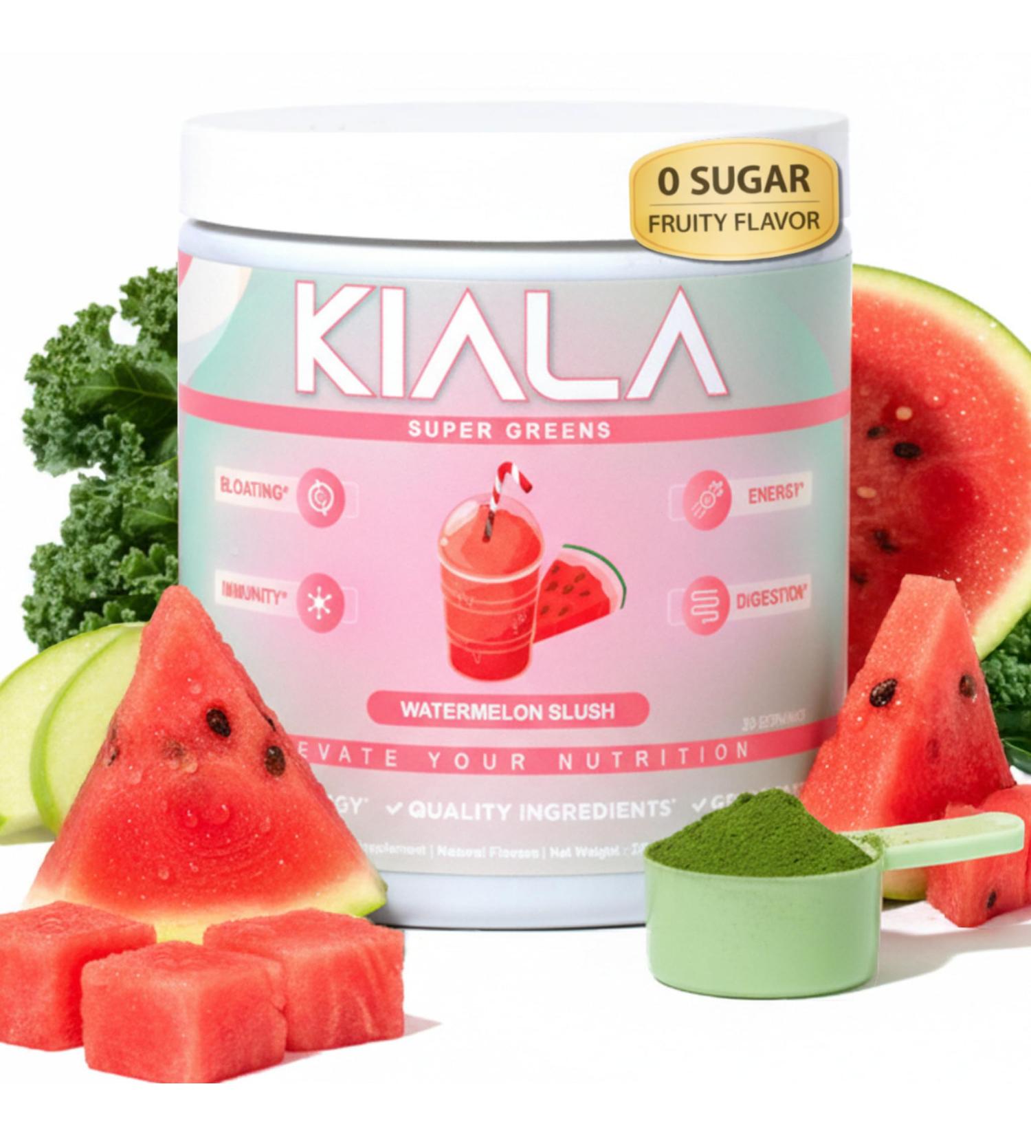 Kiala Nutrition Super Greens Organic Greens Powder with Spirulina & Chlorella for Digestion Gut Health Immunity Adaptogens Energy Gluten Free Vegan Sugar Free Watermelon Slush 30 Servings - Buy Online on GoSupps.com