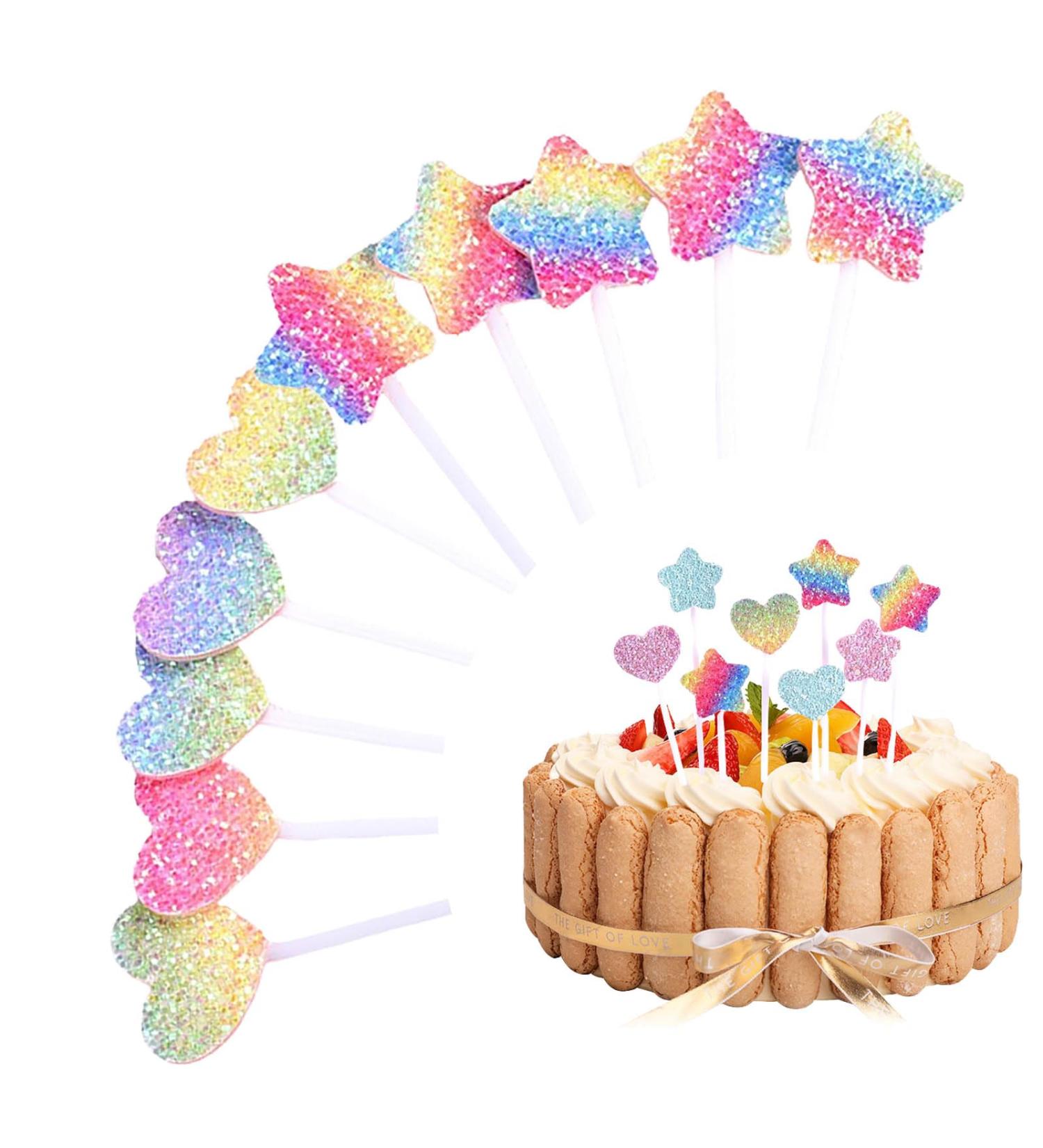 Shiny Rainbow Cupcake Topper 10CS Vivid Colorful Gradient Shiny Heart Stars Cupcake Toppers for Cake Decorations DIY Happy Birthday Cake Toppers for Kids Boys Girls Party Supplies - Buy Online on GoSupps.com