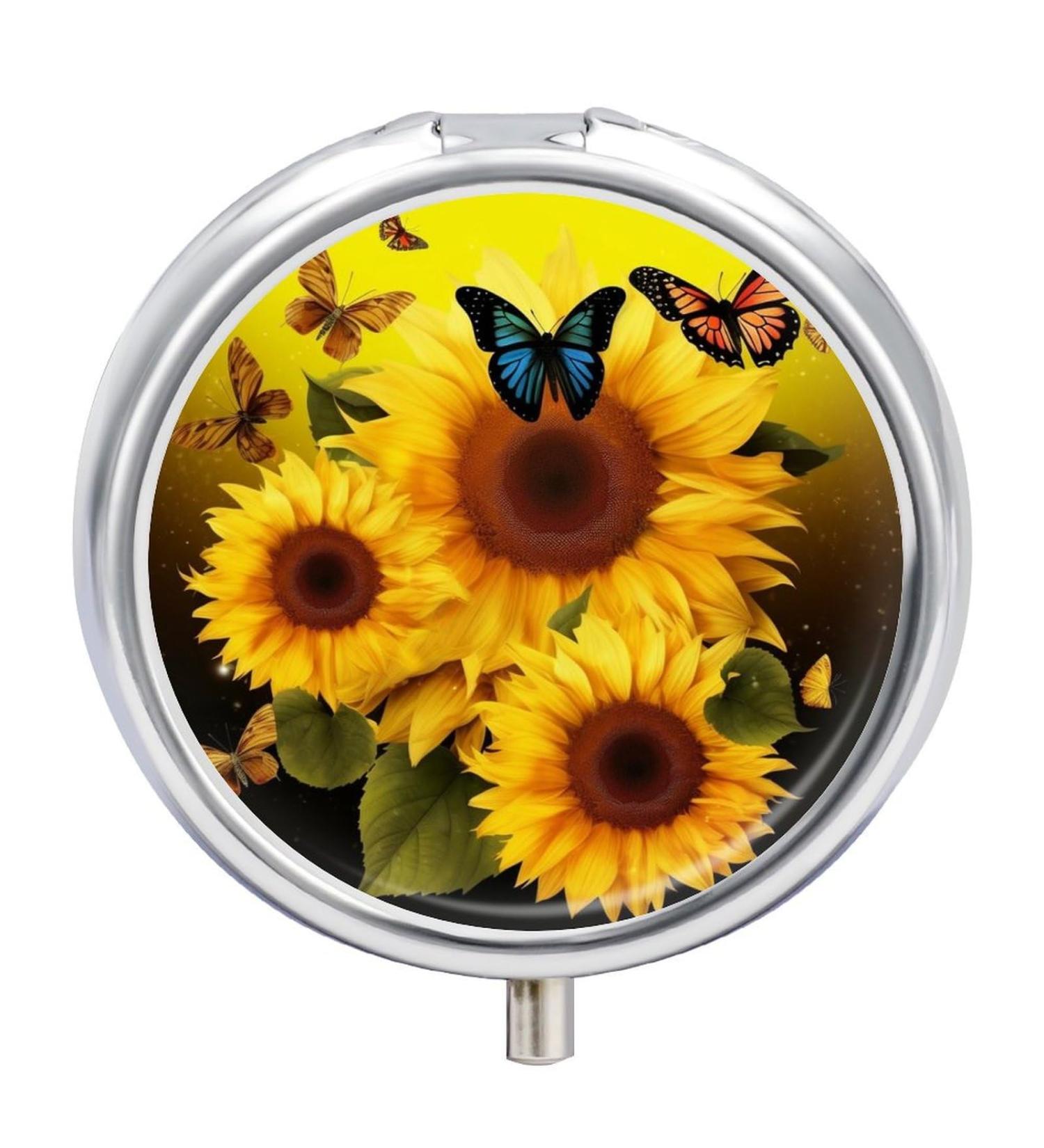 Travel Pill Box with Sunflower Floral Design - 3 Compartment Portable Pill Organizer for Purse & Pocket - Buy Online on GoSupps.com