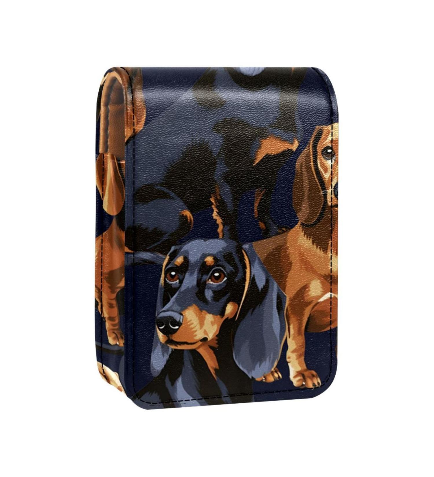 Travel Lipstick Organizer Case | Portable Makeup Bag with Mirror | Black Brown Dachshund Dog Design - Buy Online on GoSupps.com