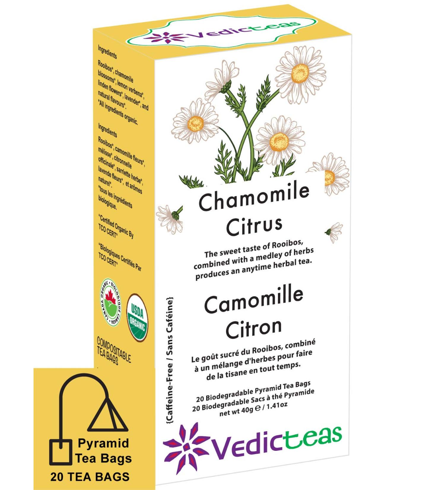 Vedic Teas Chamomile Citrus Herbal Tea Pyramid Tea Bags Organic Ingredients Blended With Rooibos Lemon Verbena And Other Soothing Herbs 20/Box - Buy Online on GoSupps.com