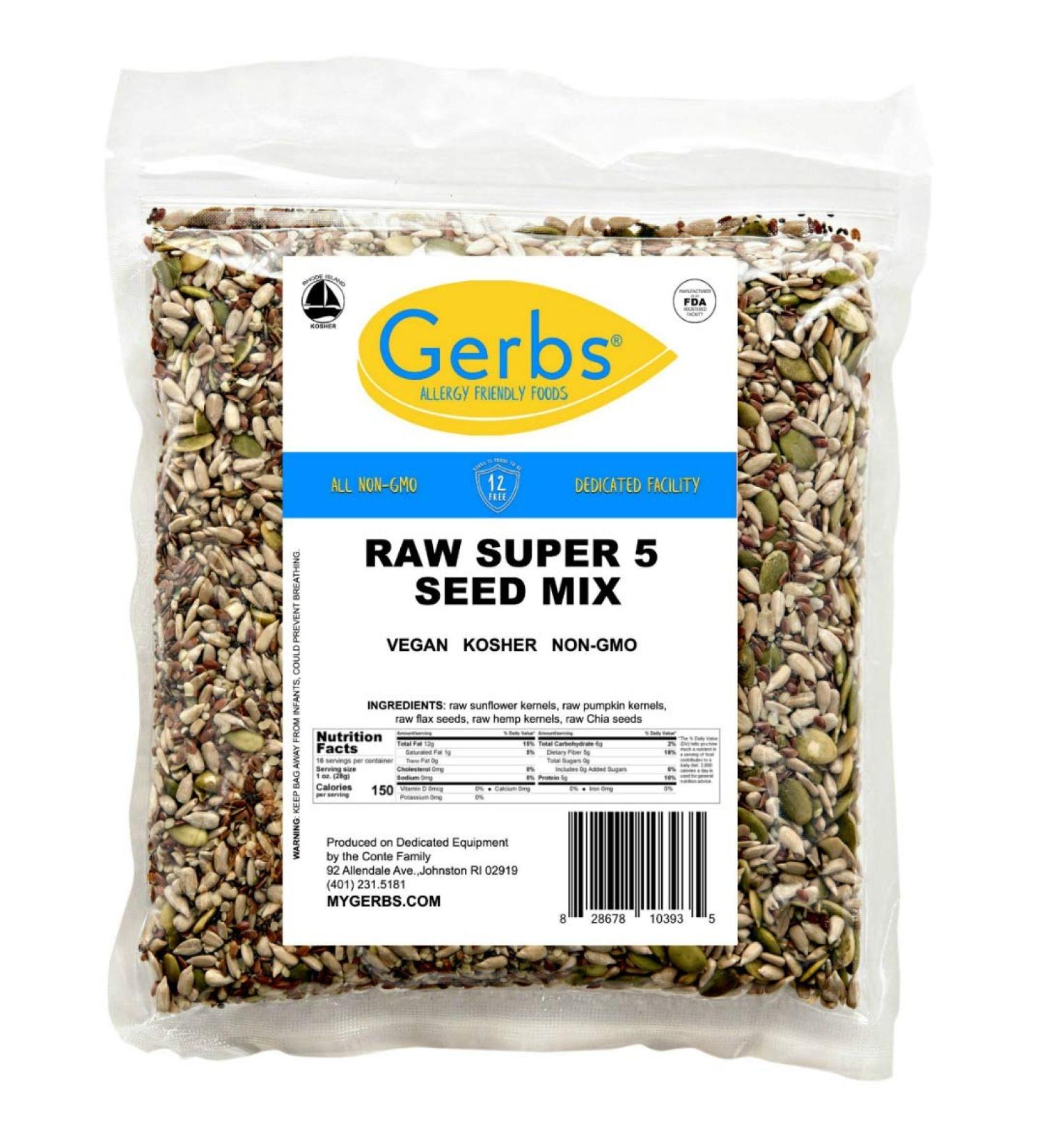 GERBS Super 5 Seed Snack Mix 1 LB | Top Grade Allergy Free Trail Mix | Made in USA | Raw Pumpkin Sunflower Chia Hemp Flax | Gluten Peanut Tree Nut Free | Pack of 1 - Buy Online on GoSupps.com