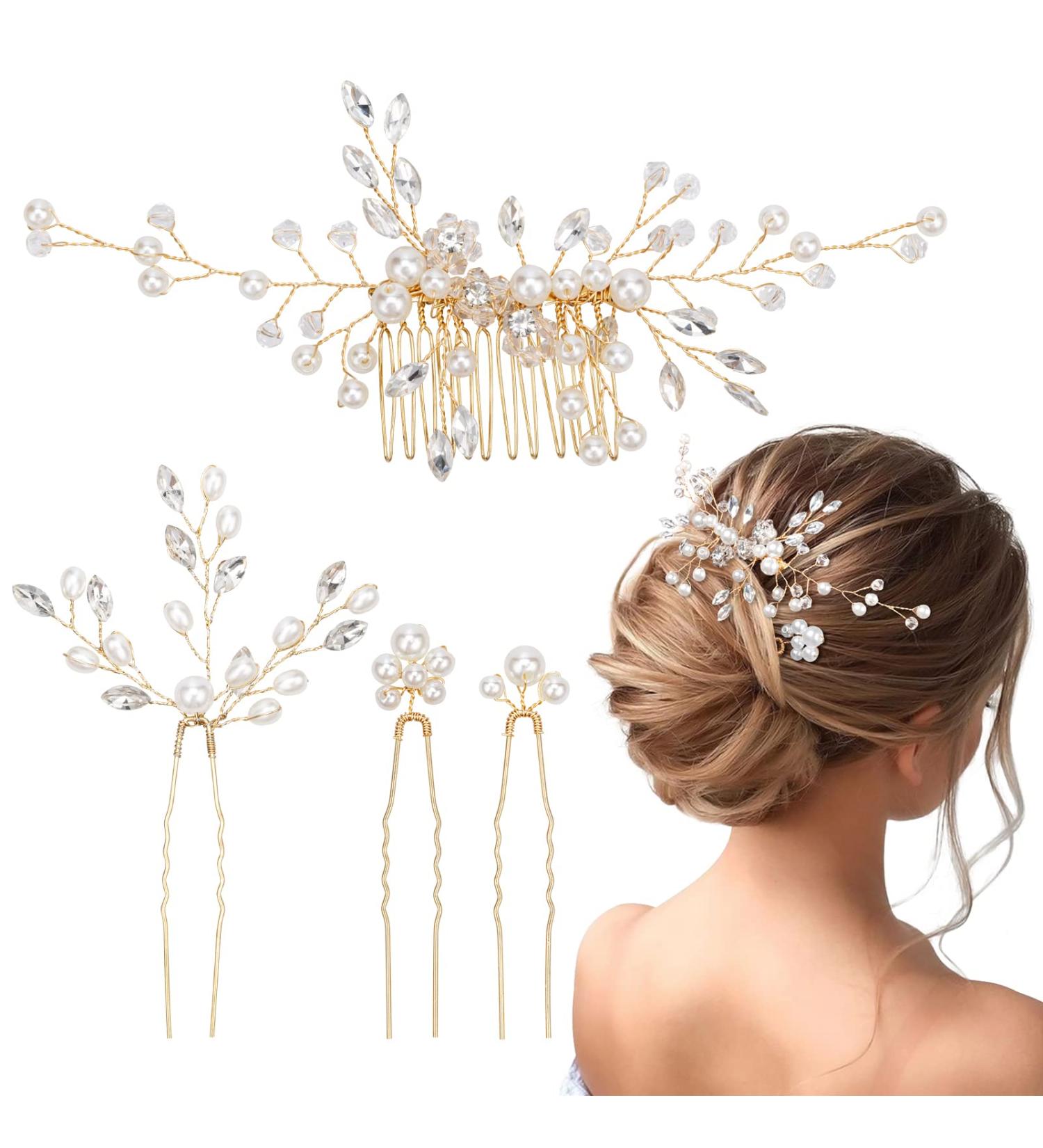 MELLIEX 4-Piece Wedding Hair Accessories Set | Crystal Pearls Bridal Jewelry Hair Combs & U-Shaped Hairpins for Women & Girls | Elegant Gold Design - Buy Online on GoSupps.com