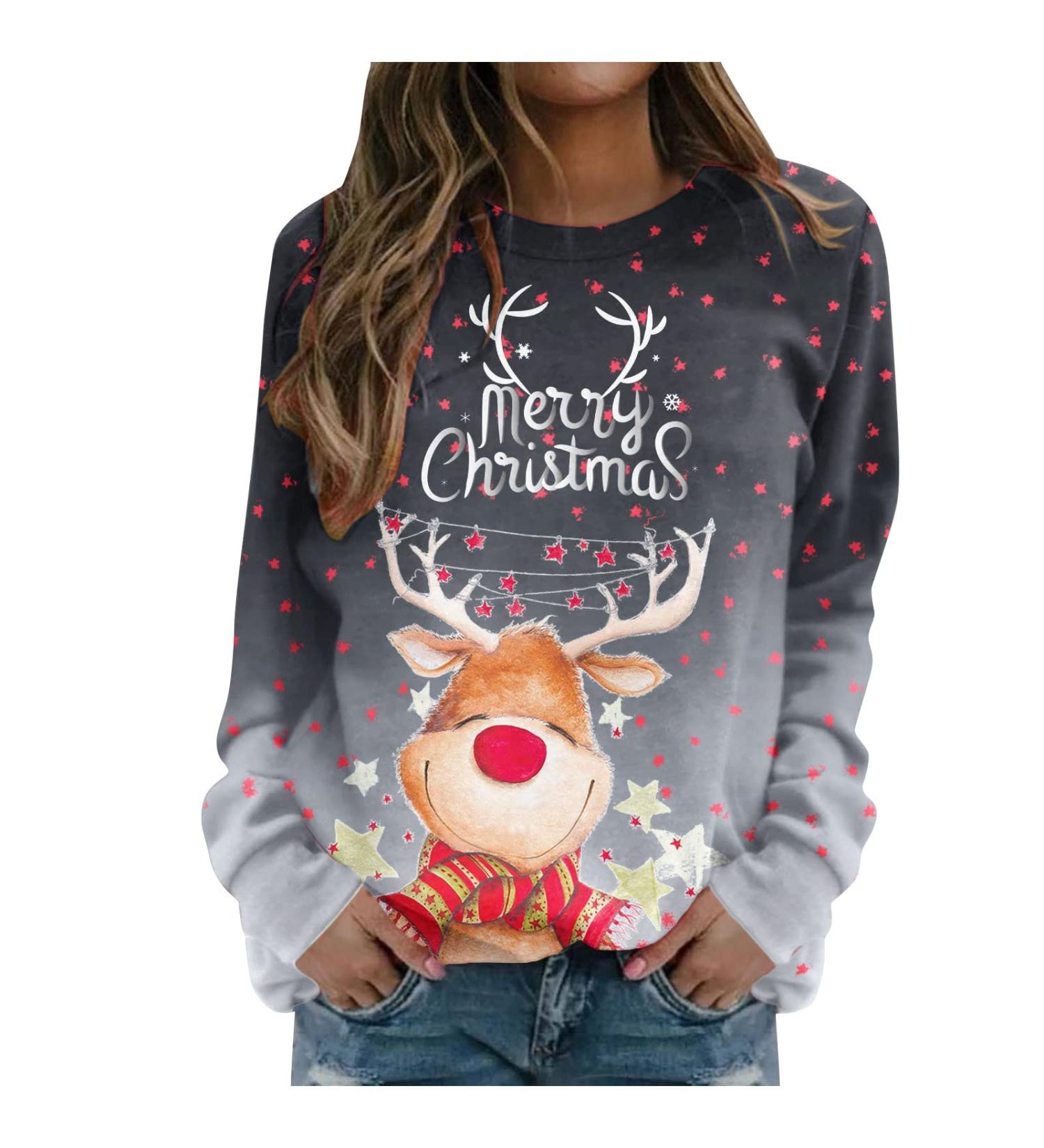 Women's Christmas Sweater | Santa Claus & Moose Print Pullover | Festive Long Sleeve Tops - Size 6 Gray - Buy Online on GoSupps.com