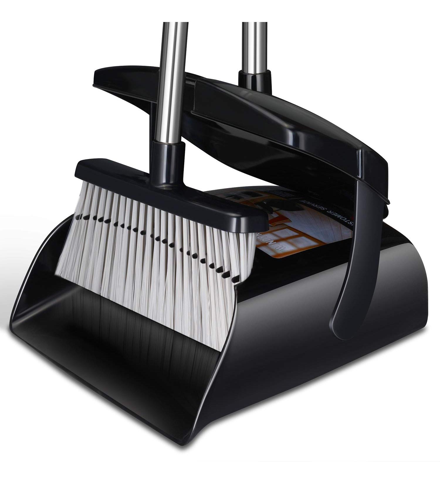 Indoor Upright Broom and Dustpan Set with Lid - Long Handle Sweeper for Home, Office, Kitchen, Garden - Ideal for Pet Hair - Dark Black - Buy Online on GoSupps.com