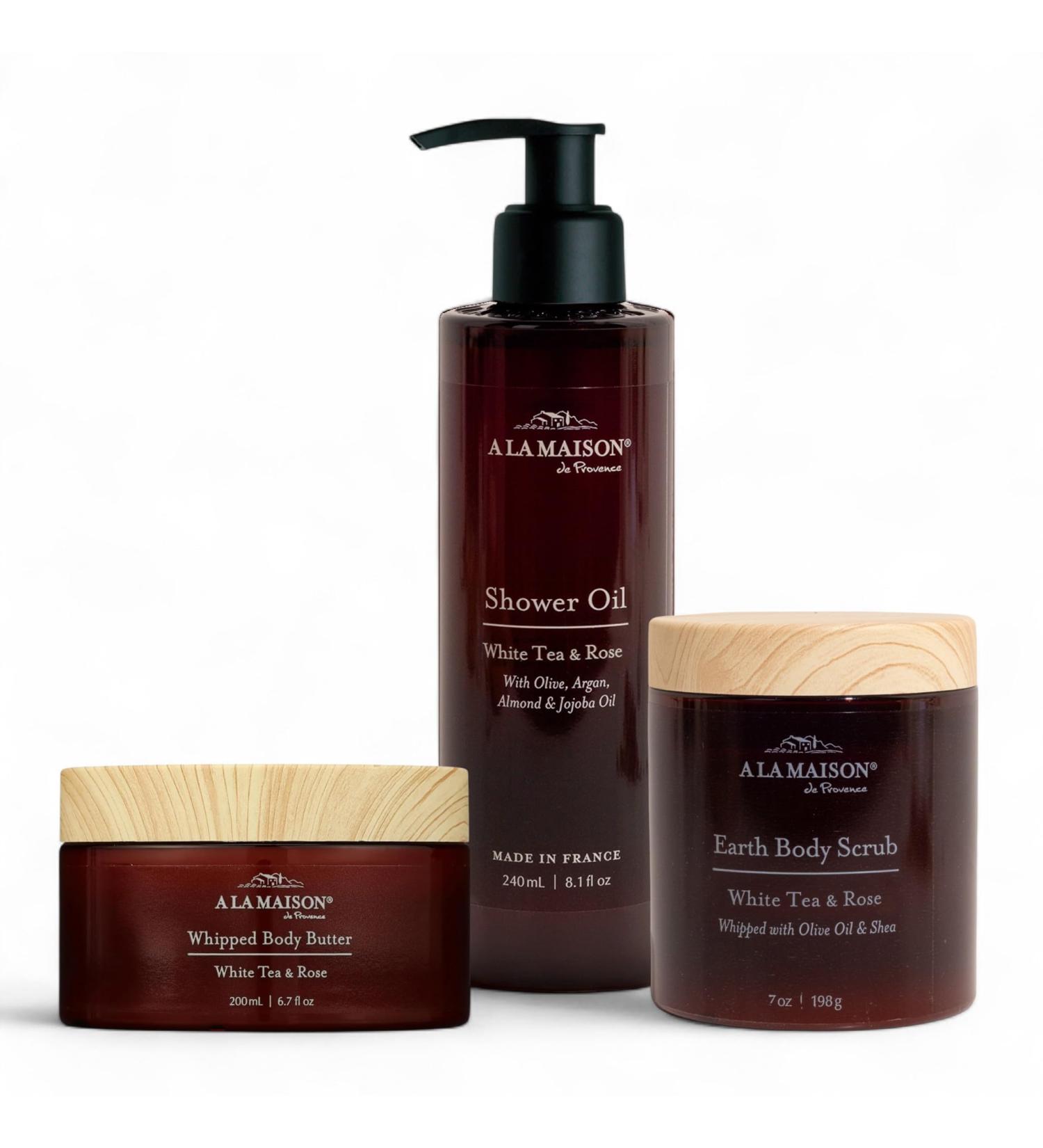 A La Maison Amber Collection White Tea & Rose Starter Kit - Shower Oil + Body Scrub + Body Butter Gently Exfoliates & Softens Skin French Formula Plant-Based - Buy Online on GoSupps.com