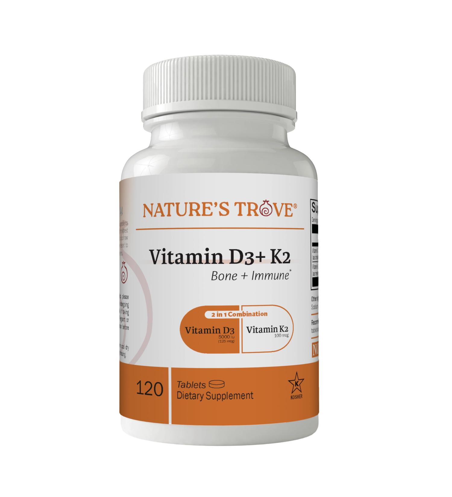 Nature's Trove Vitamin D3 5000 IU Plus K2 100mcg for Bone Health & Immune Support - 120 Tablets - 2-in-1 Formula 120 Count (Pack of 1)