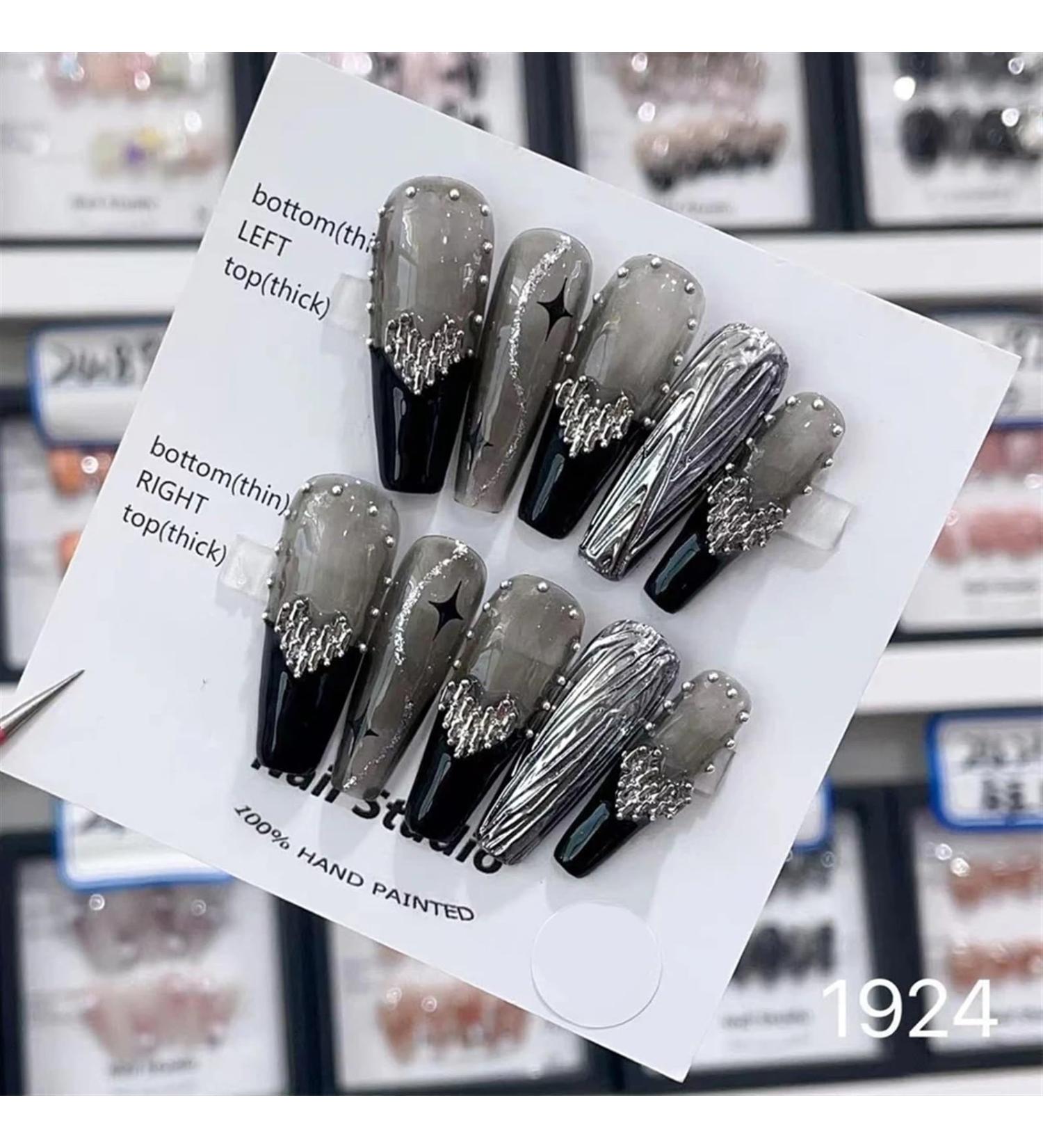 Nail Tips False Nails Tips Art Press on Nails Hand Made Fake Nails Painting Alloy Chain Decor Luxury Magic Mirror Power Design Punk Press On Nails(1924 S) - Buy Online on GoSupps.com