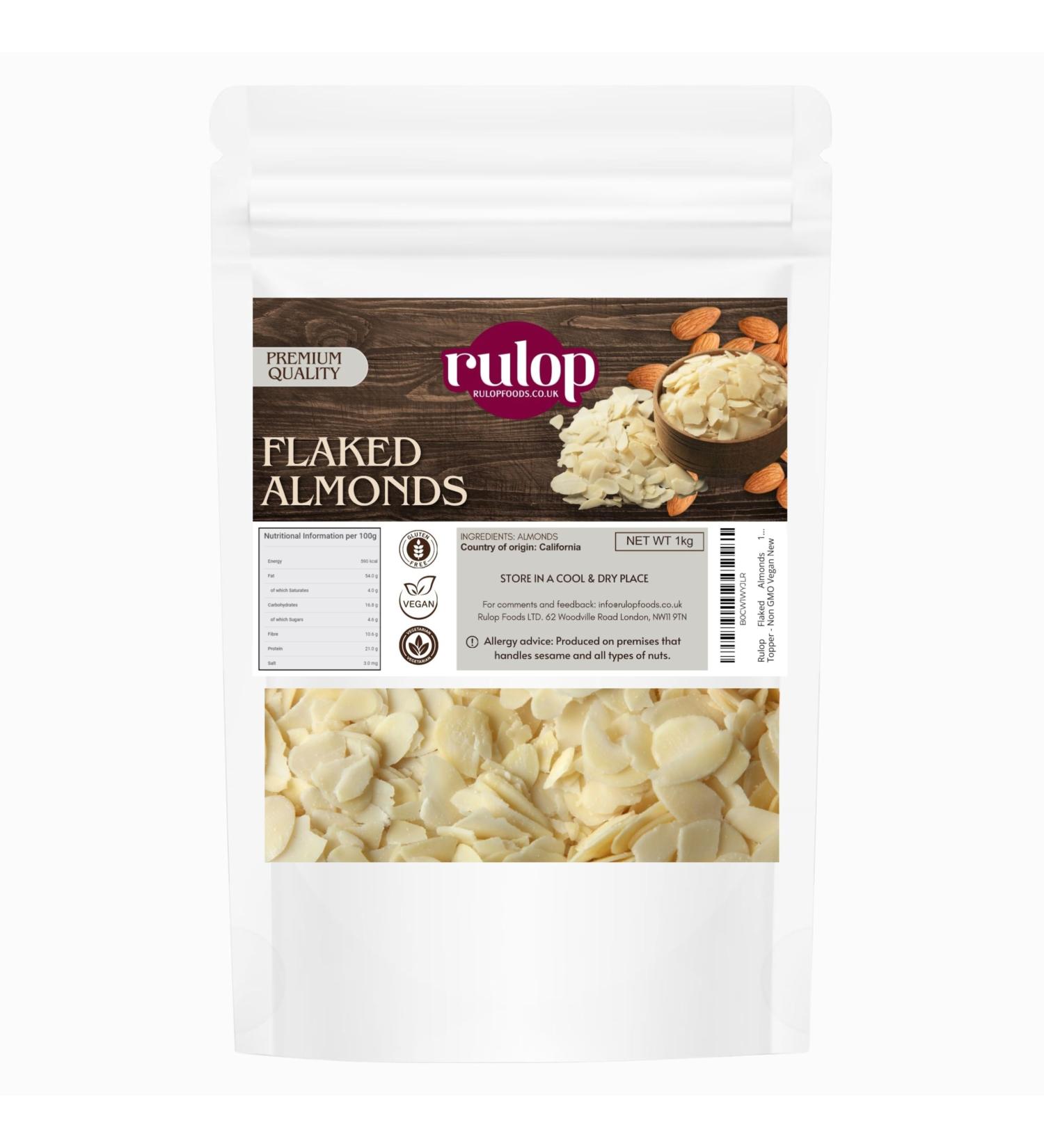 Rulop Flaked Almonds 1kg - 100% Natural Raw Sliced Blanched Almond Flakes 1 kg - Large Bulk Bag Premium Quality Blanch Almond Slices Slice Nut Ideal for Baking Cakes Cereal Topper - Non GMO Vegan