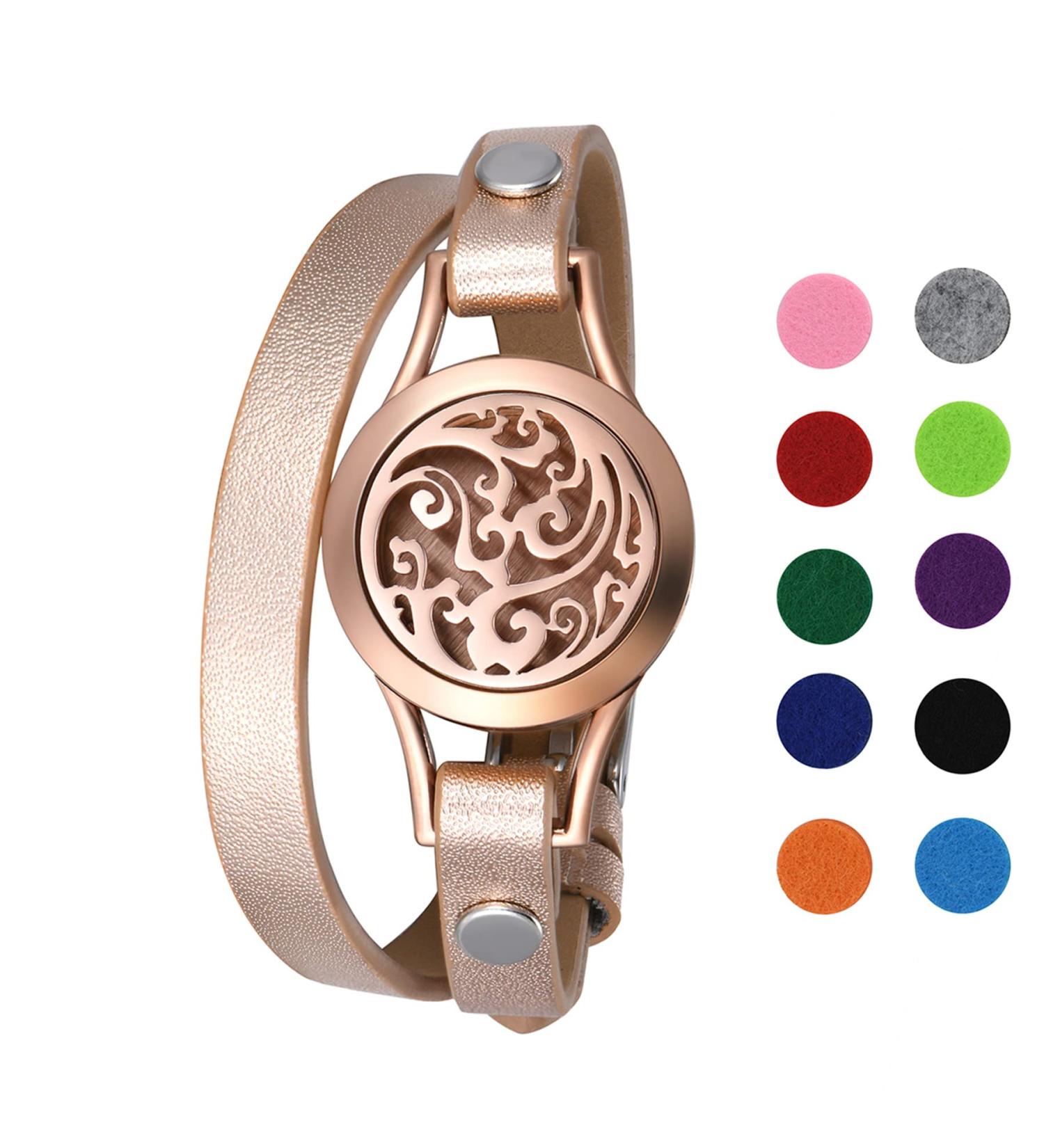 Flongo Aromatherapy Leather Bracelet for Women - Essential Oil Diffuser Bracelet with Colored Felt Pads - Rose Gold Aroma Blocket - Buy Online on GoSupps.com