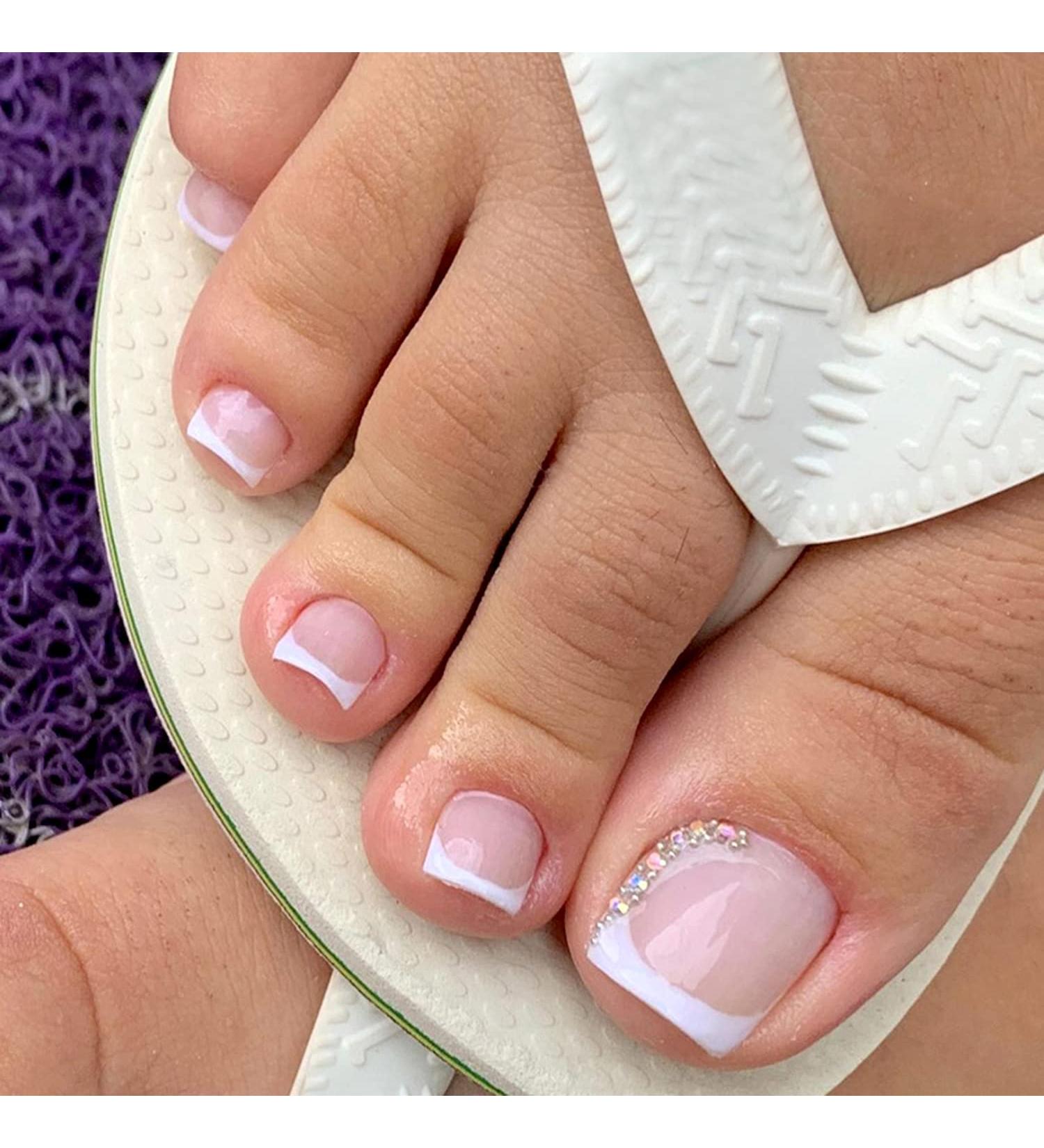 Pink French Tip Press on Toenails with Rhinestone Designs - 24Pcs Square Short False Toe Nails for Women - Acrylic Full Cover Stick on Nails - Summer Fake Toenails - Static Supplies - Buy Online on GoSupps.com