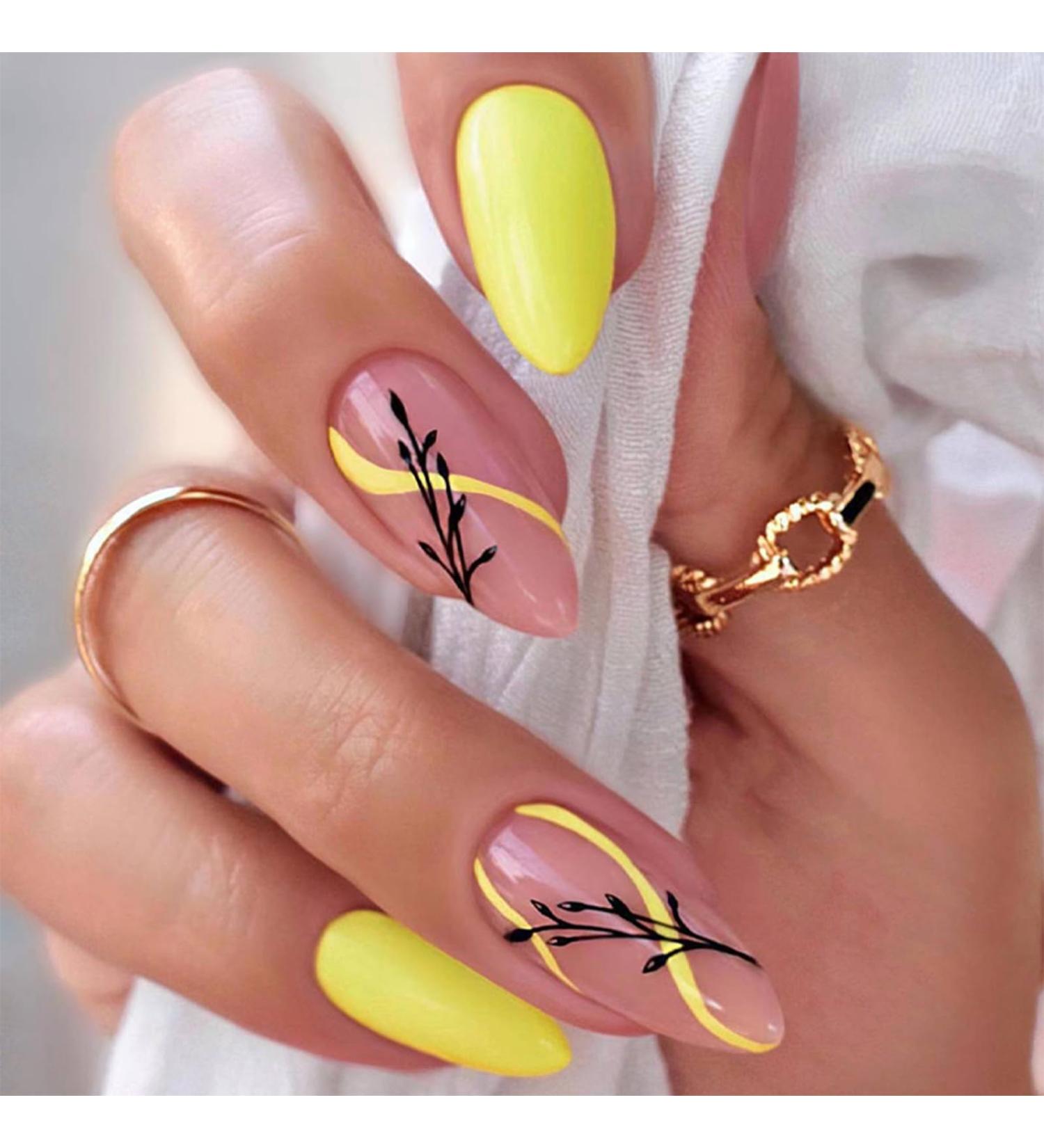 OKAQEE Almond Short Square Yellow Fake Nails with Glue - Solid Color False Nails - Buy Online on GoSupps.com