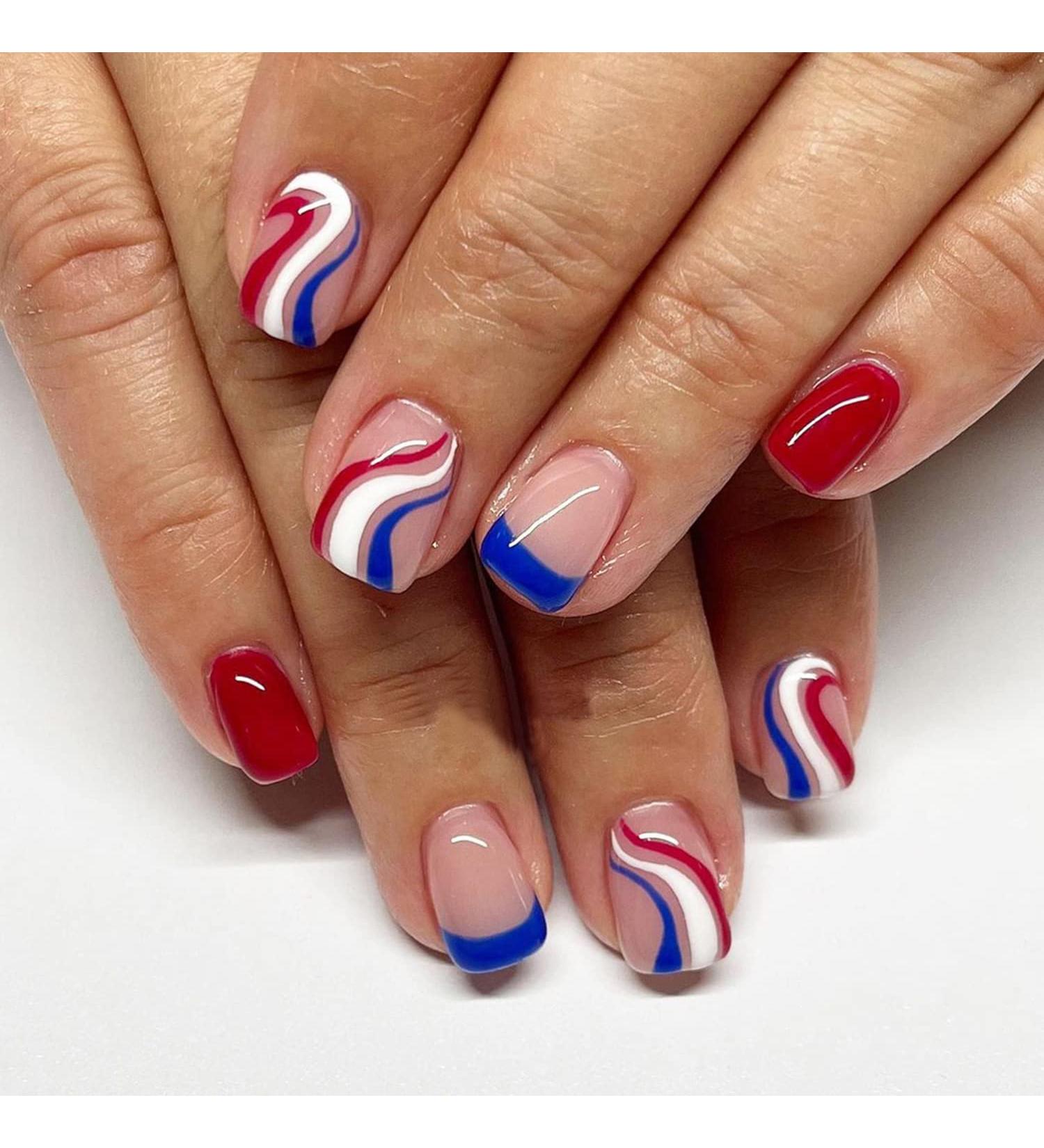 4th of July Patriotic French Tip Fake Nails - Red, Blue, White Swirl Design | 24Pcs Full Cover Coffin Nail Tips for Women - Buy Online on GoSupps.com