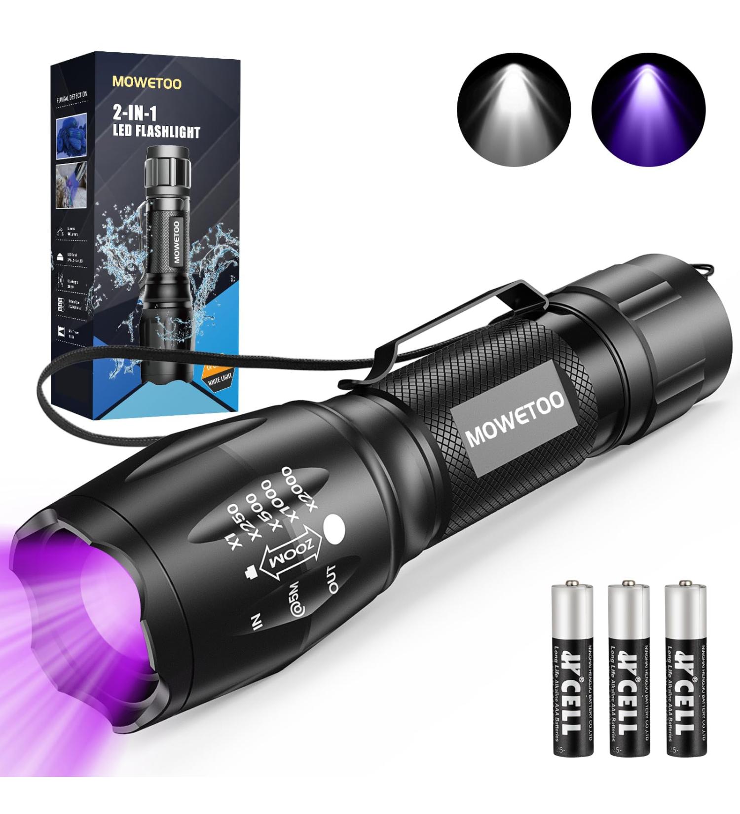 MOWETOO UV Torch LED Torch 2 in 1 Black Light with 4 Modes Waterproof 395nm UV Light Super Bright 500lm for Inspection Pet Urine Detecting Camping Including Accessories 3 AAA Batteries LE-8613d 1 Pack - Buy Online on GoSupps.com