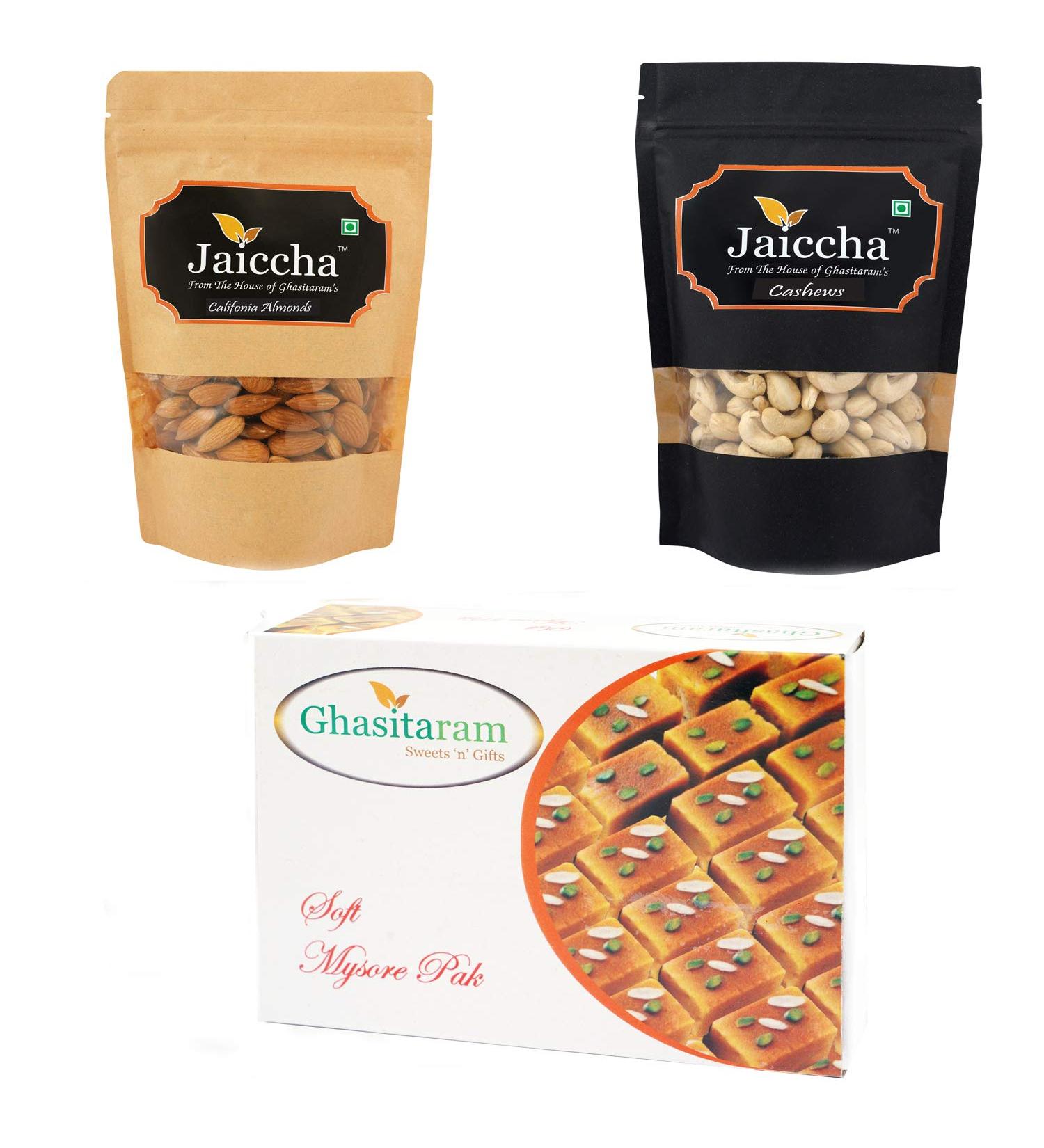 Ghasitaram Gifts Diwali Gifts - Best of Almonds Cashews and Mysore Pak |Diwali Holi Rakhi Valentine Christmas Birthday Anniversary Gift for Her Him Mothers Day Fathers Day| Best of 3 Almonds Cashews and Mysore Pak - Buy Online on GoSupps.com