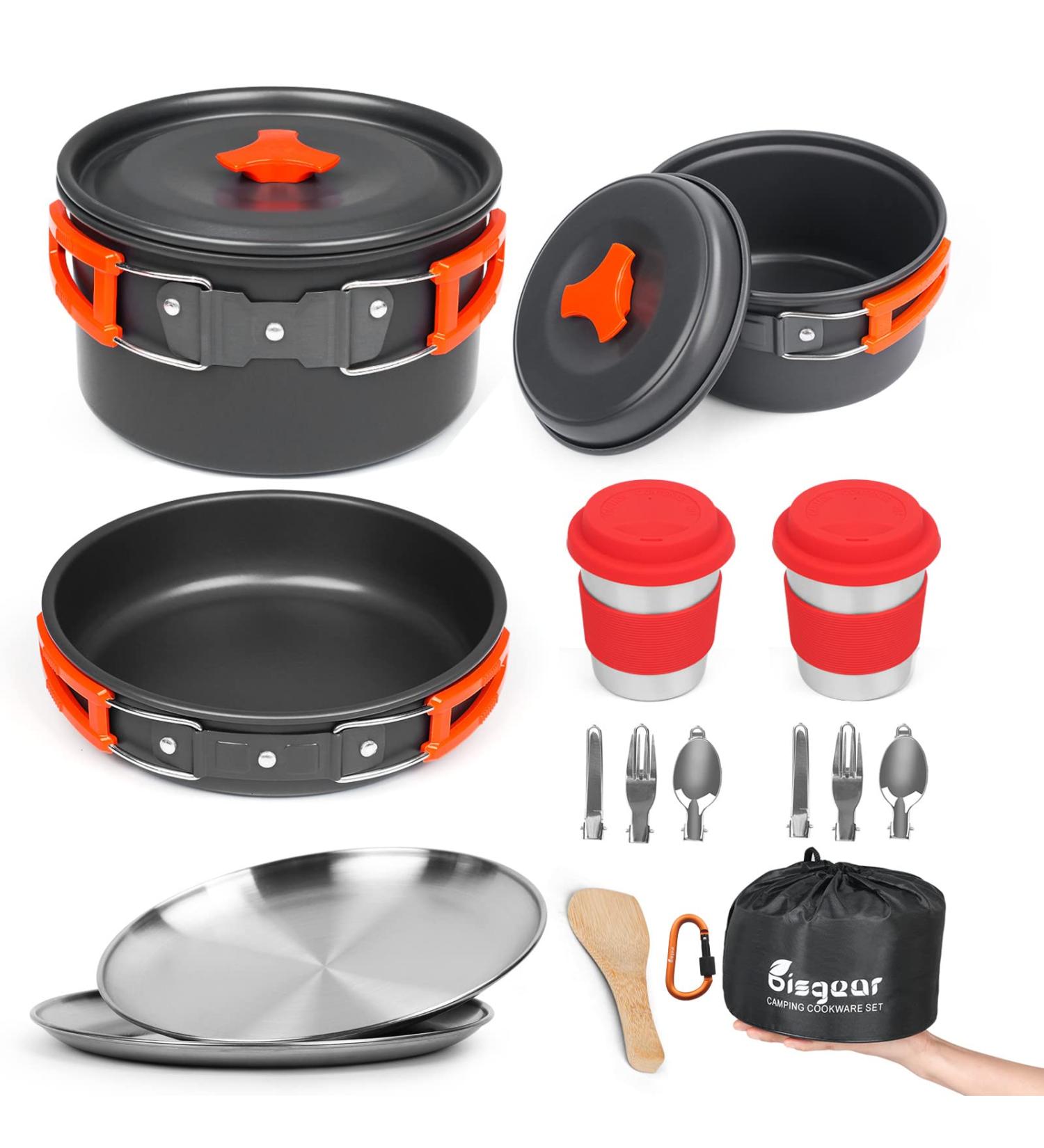 Bisgear Camping Cookware Mess Kit Backpacking Pots and Pans Set with Cups Plates Flatware Blue Camping Cooking Accessories