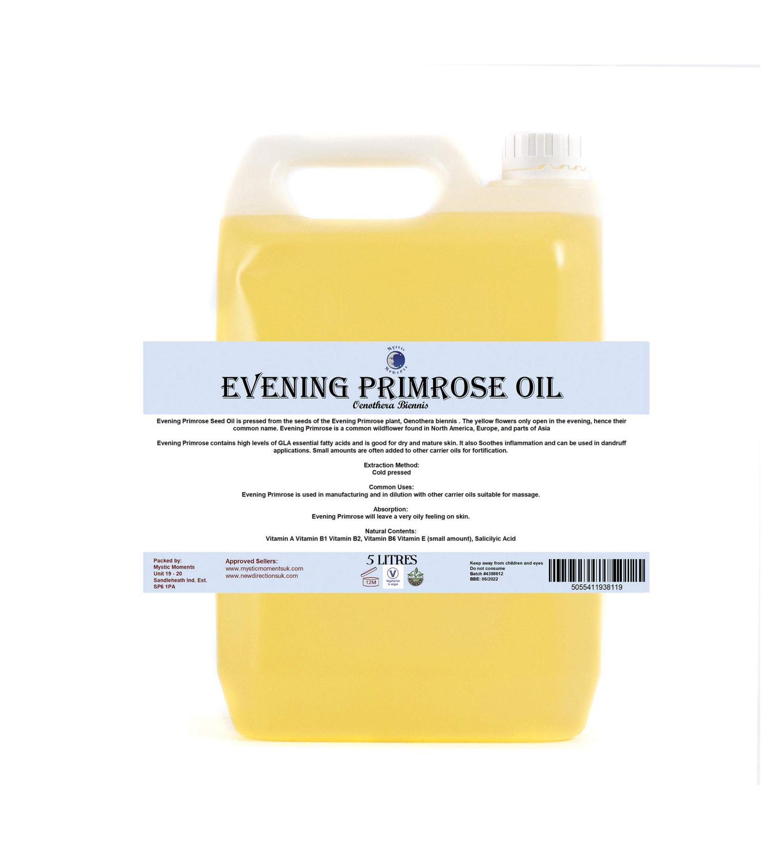 Mystic Moments Evening Primrose Oil 5L - Pure Natural Hair Face & Nail Oil for Aromatherapy & Massage | Vegan & GMO-Free - Buy Online on GoSupps.com