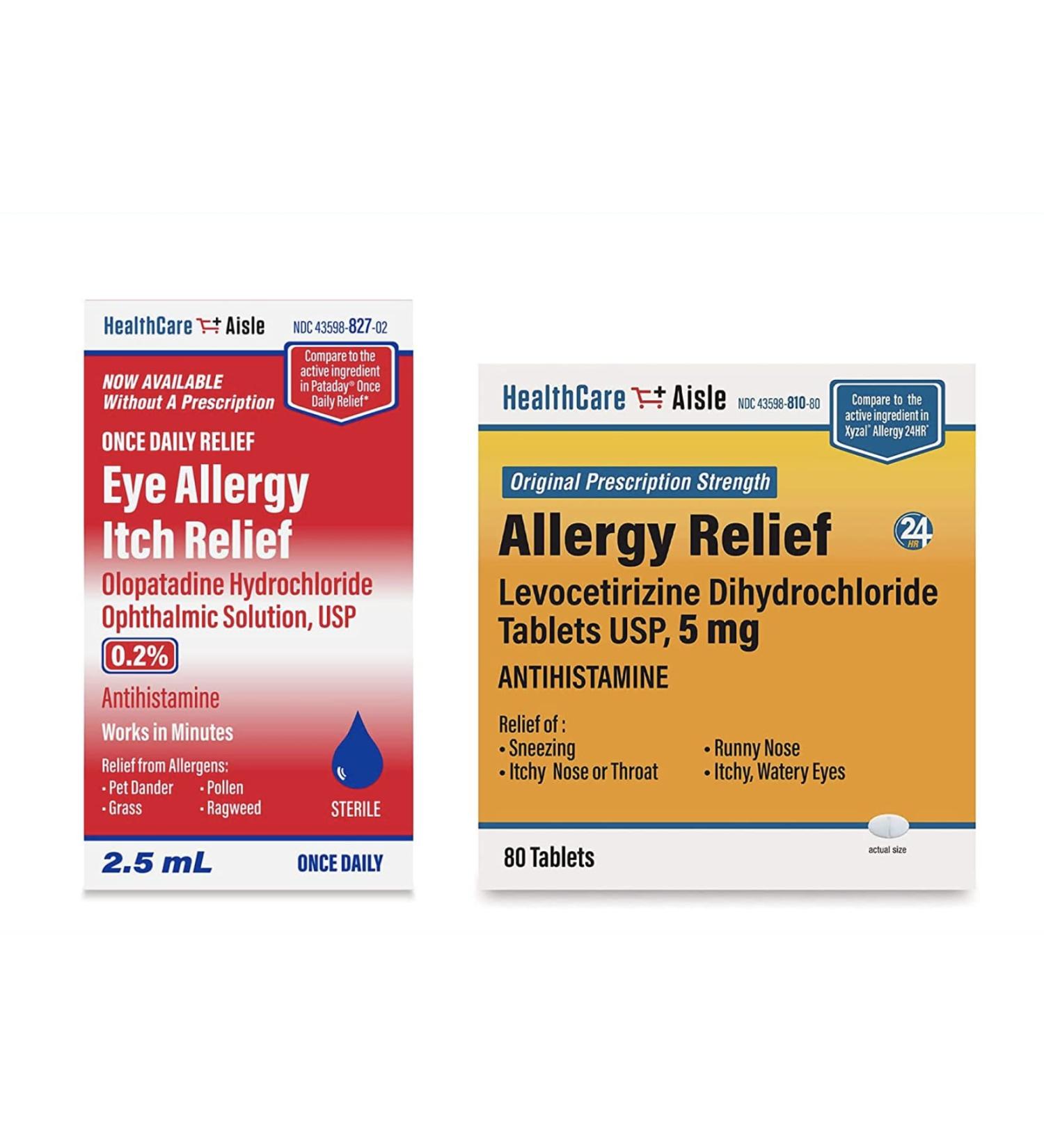 HealthCareAisle Allergy Bundle: Olopatadine Hydrochloride 0.2% Ophthalmic Solution & Levocetirizine Dihydrochloride 5mg Tablets - 2.5mL & 80 Tablets - Buy Online on GoSupps.com