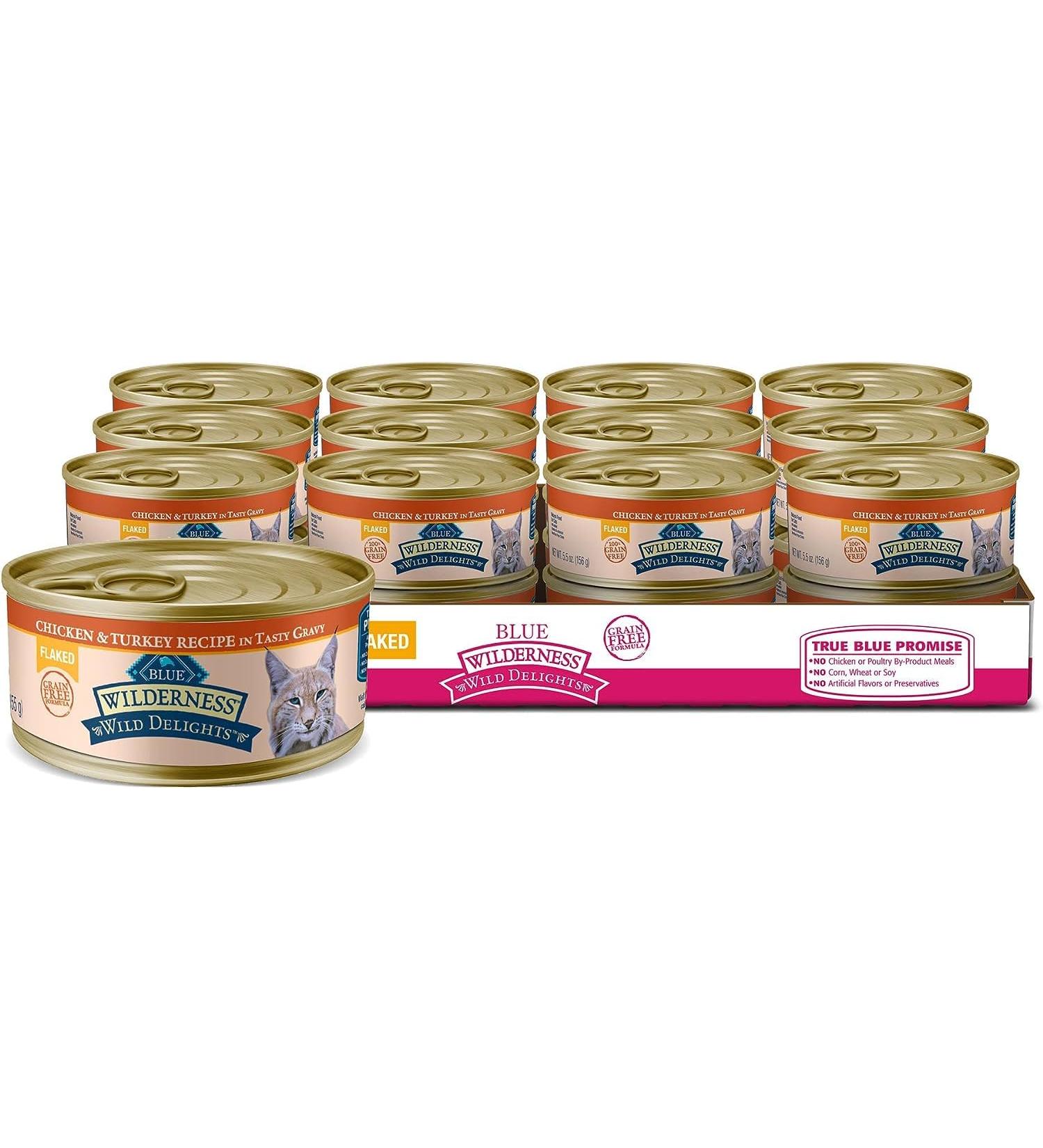 Blue Buffalo Wilderness Wild Delights Natural Wet Cat Food Chicken & Turkey Flaked 5.5oz (Pack of 24) Large Cans Flaked Chicken & Turkey - Buy Online on GoSupps.com