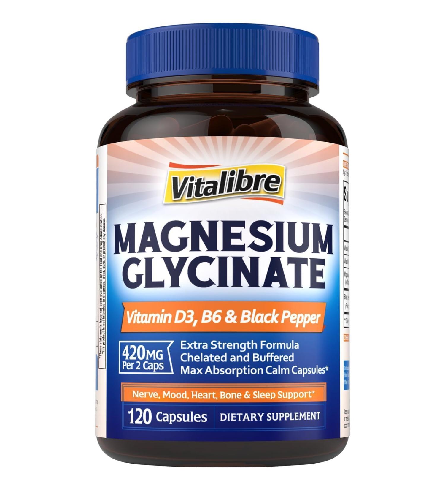 Magnesium Glycinate 420mg with Vitamin D3 & B6 | Chelated & Buffered Magnesium Supplement | High Absorption for Nerve Bone Heart Mood Sleep Support 120 Vegan Capsules Non-GMO 120 Count (Pack of 1) - Buy Online on GoSupps.com