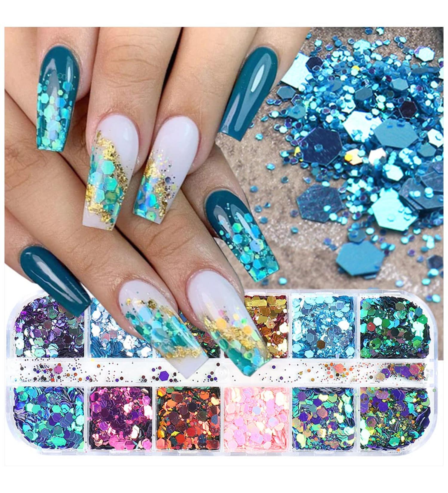 Holographic Nail Art Glitter Flakes - 12 Grids | Hexagon Sequins for Manicure Decoration - Buy Online on GoSupps.com