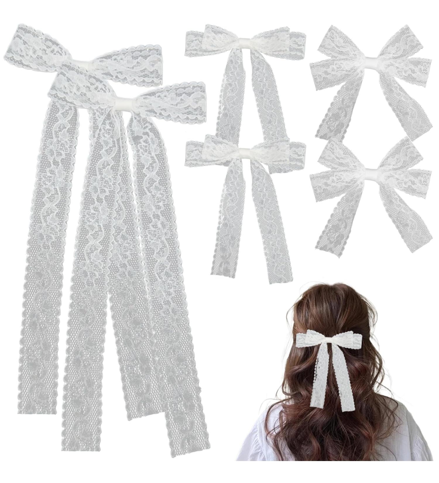 6pcs Lace Hair Bow for Women Girls Tulle Lace Bows for Hair with Long Ribbon White Lace Bow with Metal Clips for Party Birthday Wedding Festival - Buy Online on GoSupps.com