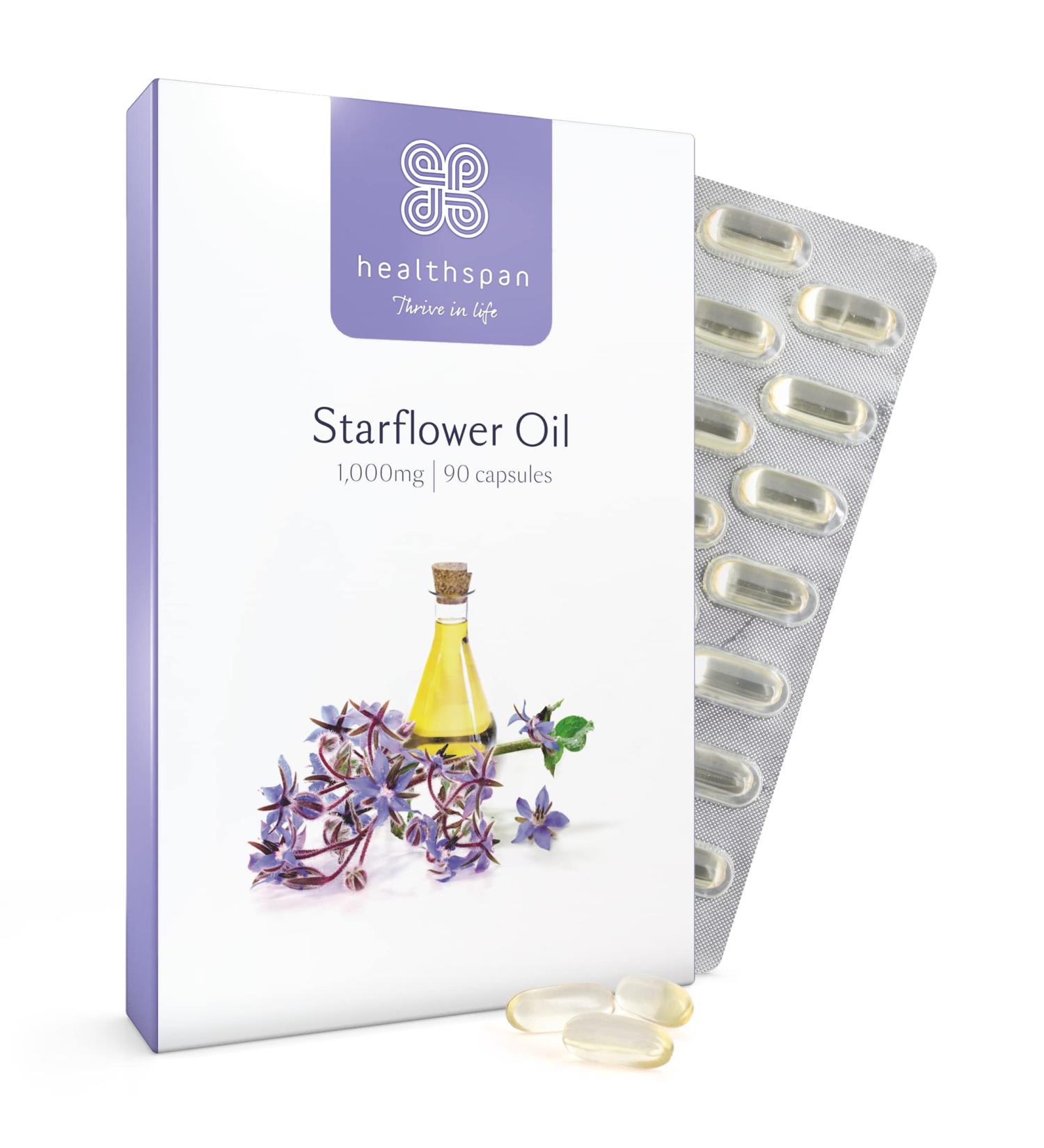 Starflower Oil 1 000mg (90 Capsules) | Healthspan | Richest Source of Gamma-Linolenic Acid (GLA) | Women's Health | 207mg GLA & 131mg Omega 9 Fatty Acids Per Capsule | Vegan - Buy Online on GoSupps.com