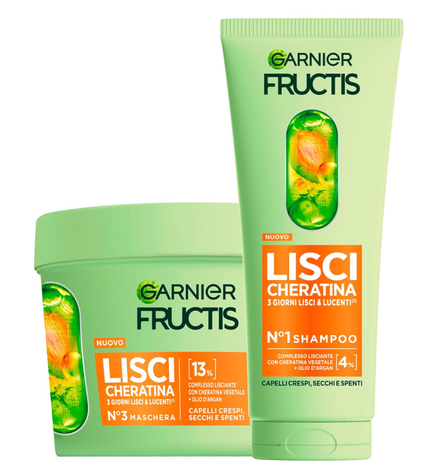 Garnier Fructis K ratine Liss Routine Shampooing 200ml + Masque 370ml Traitement Lissant pour Cheveux Secs et teints Formule V gane avec K ratine V g tale et Huile d Argan - Set de 2