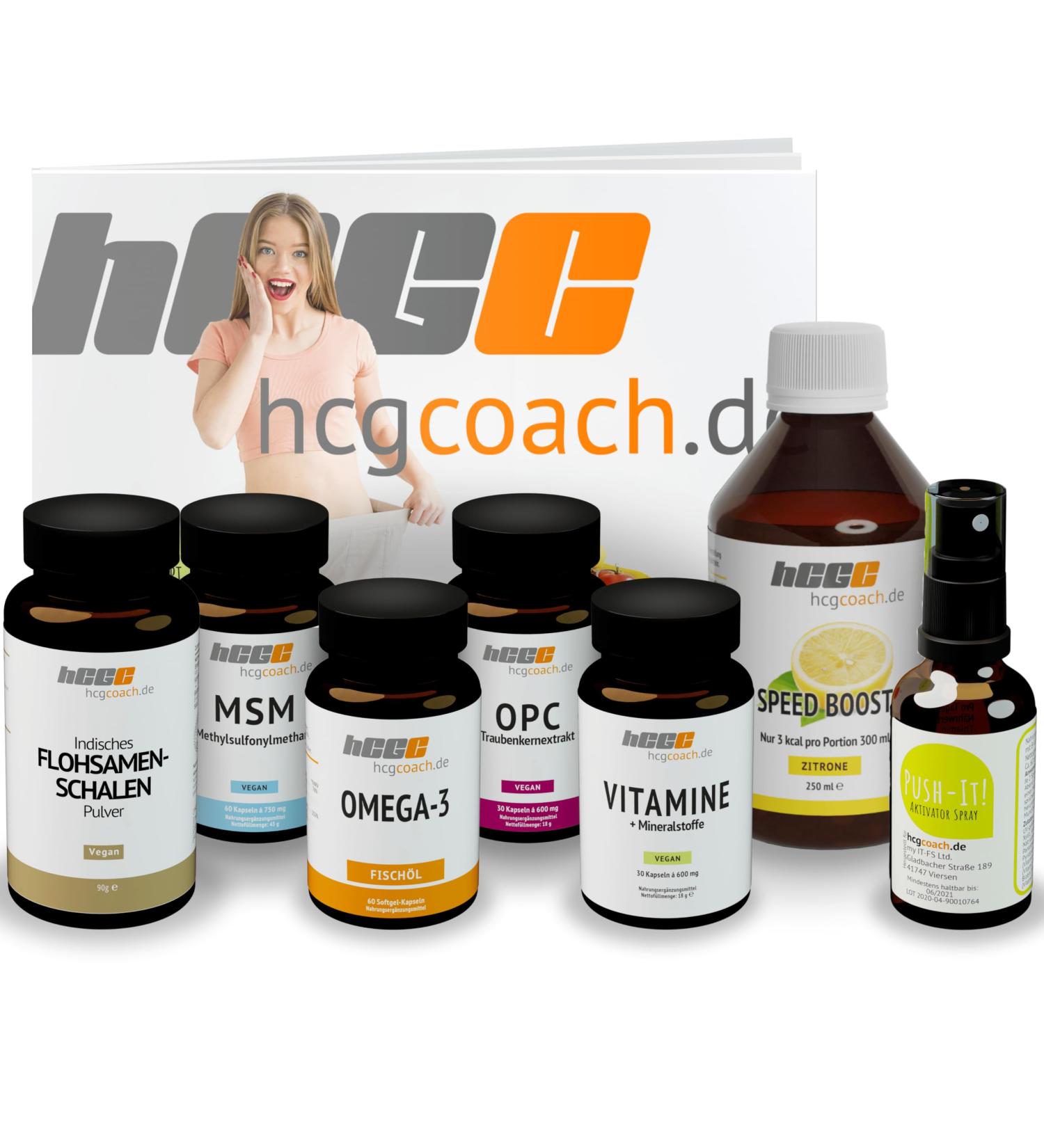HCGC Original Base Package with Push-It Activator Spray | 30 Days Nutritional Supplements & 21-Day Metabolic Cure + 9 Days Free | Speedboost Beverage Concentrate (Lemon) - International Shipping Available - Buy Online on GoSupps.com