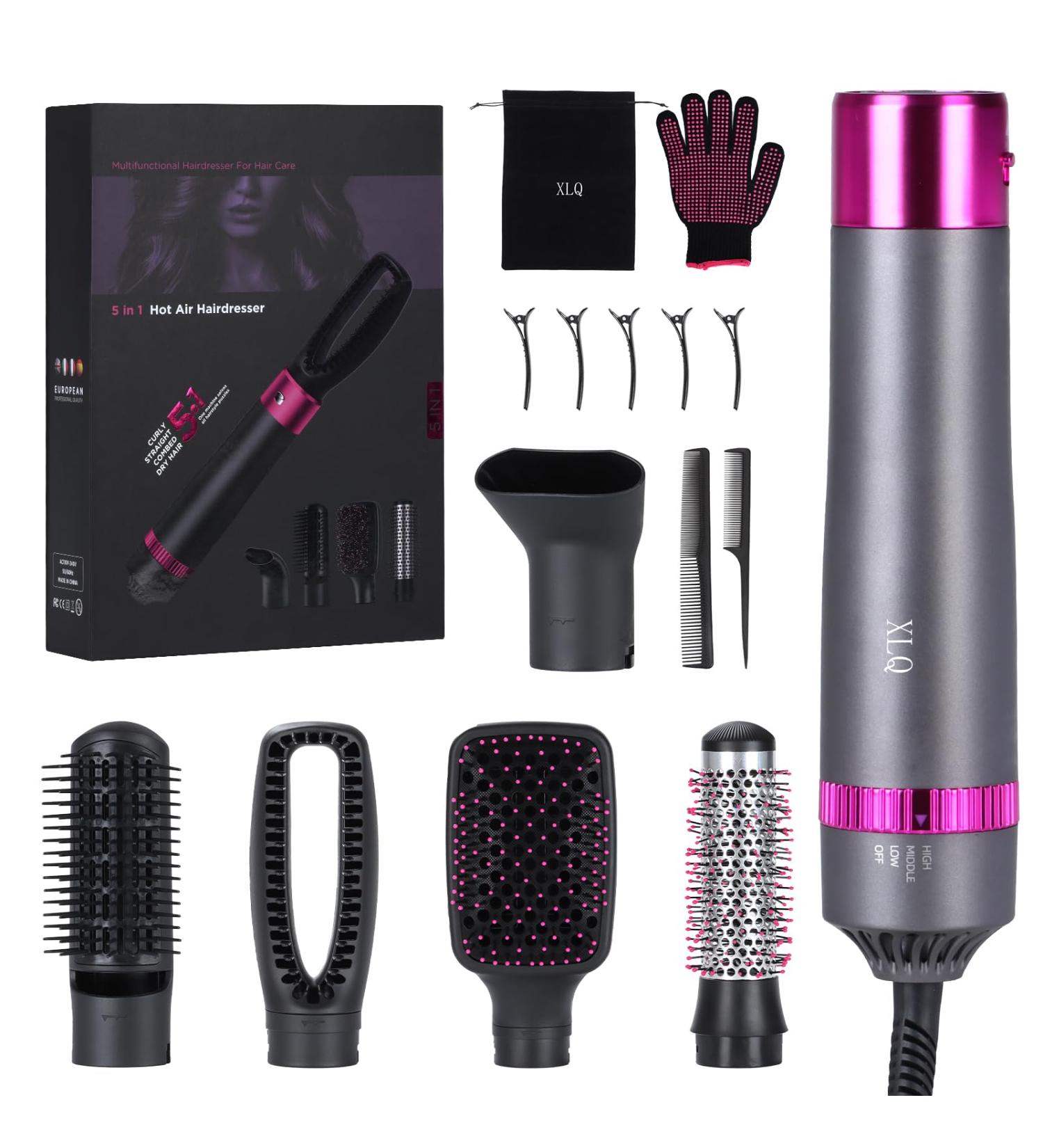 XLQ 5in1 Blow Dryer Brush for Women - Multifunctional Styler with Negative Ion Technology - Detachable Straightener and Curling Attachments - Black Purple Upgrade Gift Box - Buy Online on GoSupps.com