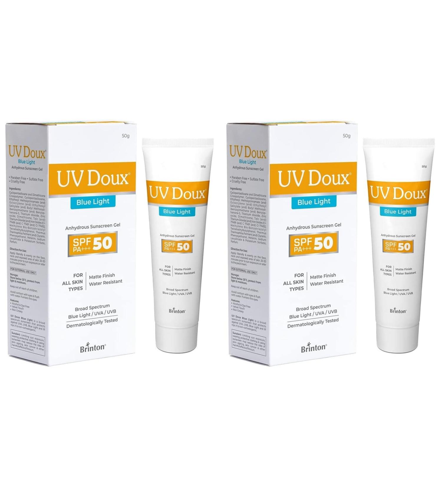 Brinton Gel solaire UV doux la lumi re bleue | SPF 50 PA+++ | Bouclier UVA UVB et lumi re bleue | Sans huile non com dog ne et l ger | R sistant l'eau et test dermatologiquement | Pour tous les 50 g (Lot de 2) - Buy Online on GoSupps.com