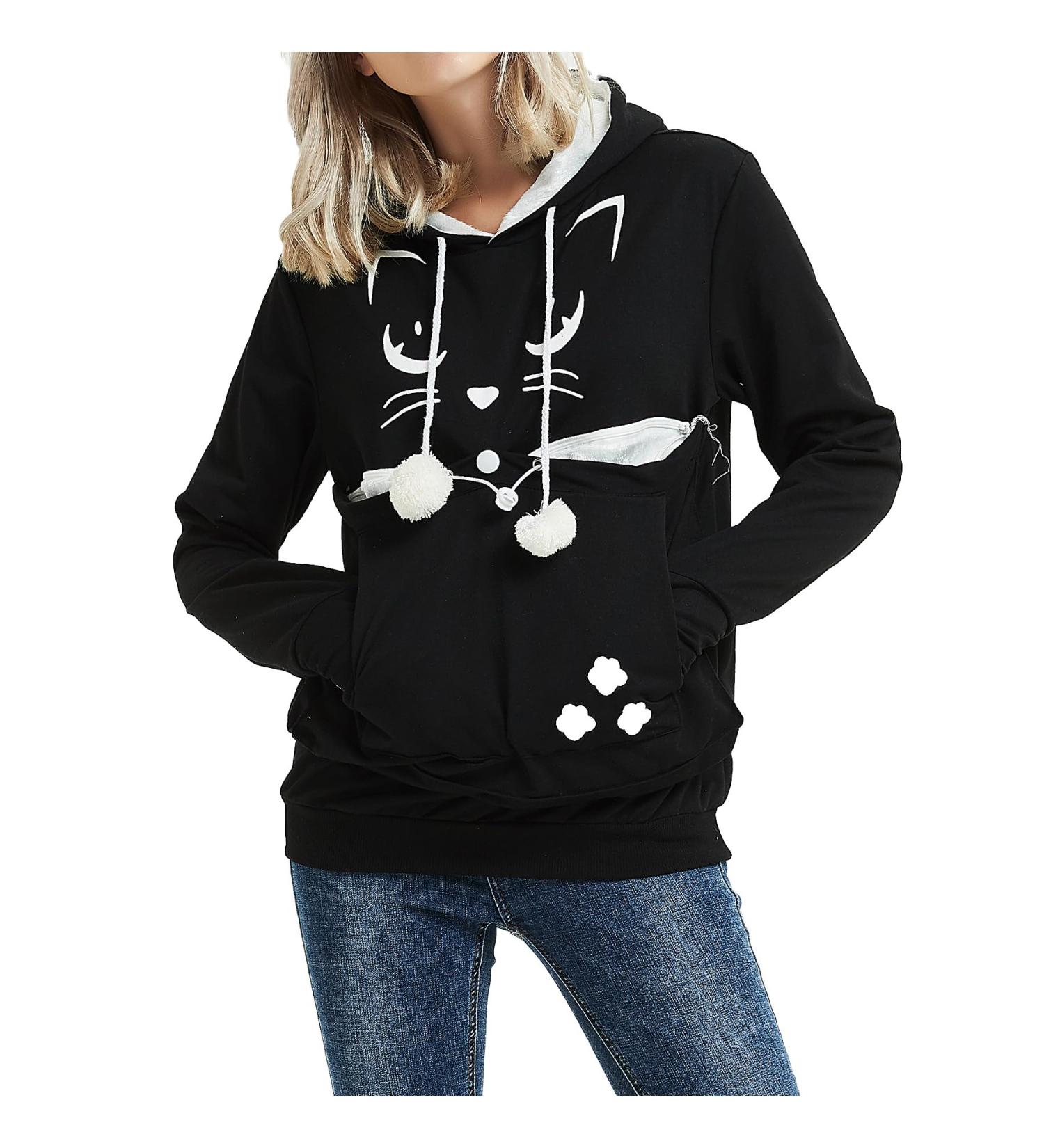 Amoyun Black Women s Cat Ear Hoodie - Unisex Long Arm Sweatshirt with Big Pocket for Dog & Cat Owners - Buy Online on GoSupps.com