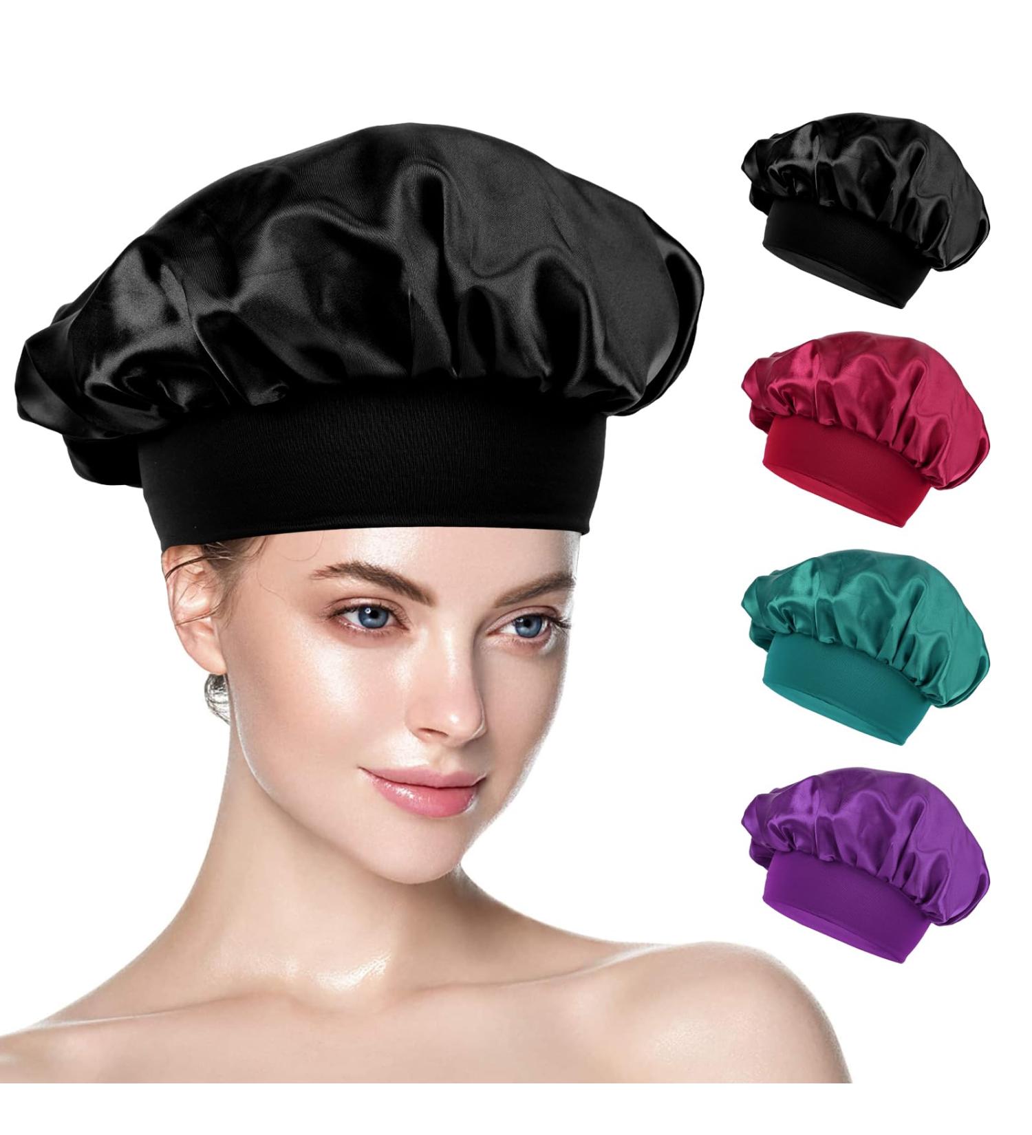 Yiows Silk Bonnet Set - 2 Luxury Silk Hair Wraps for Sleeping | Soft Sleep Hats for Women & Girls (Black Red Violet Cyan) - Buy Online on GoSupps.com