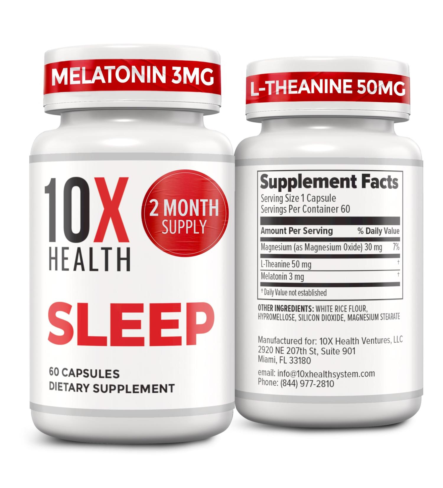 10X Health Sleep Supplements for Adults - 60 Capsules - Melatonin 3mg L Theanine Magnesium Supplement Magnesium Oxide for Deep Better Rest & Relaxation - 3-in-1 Natural Sleep Support - Buy Online on GoSupps.com