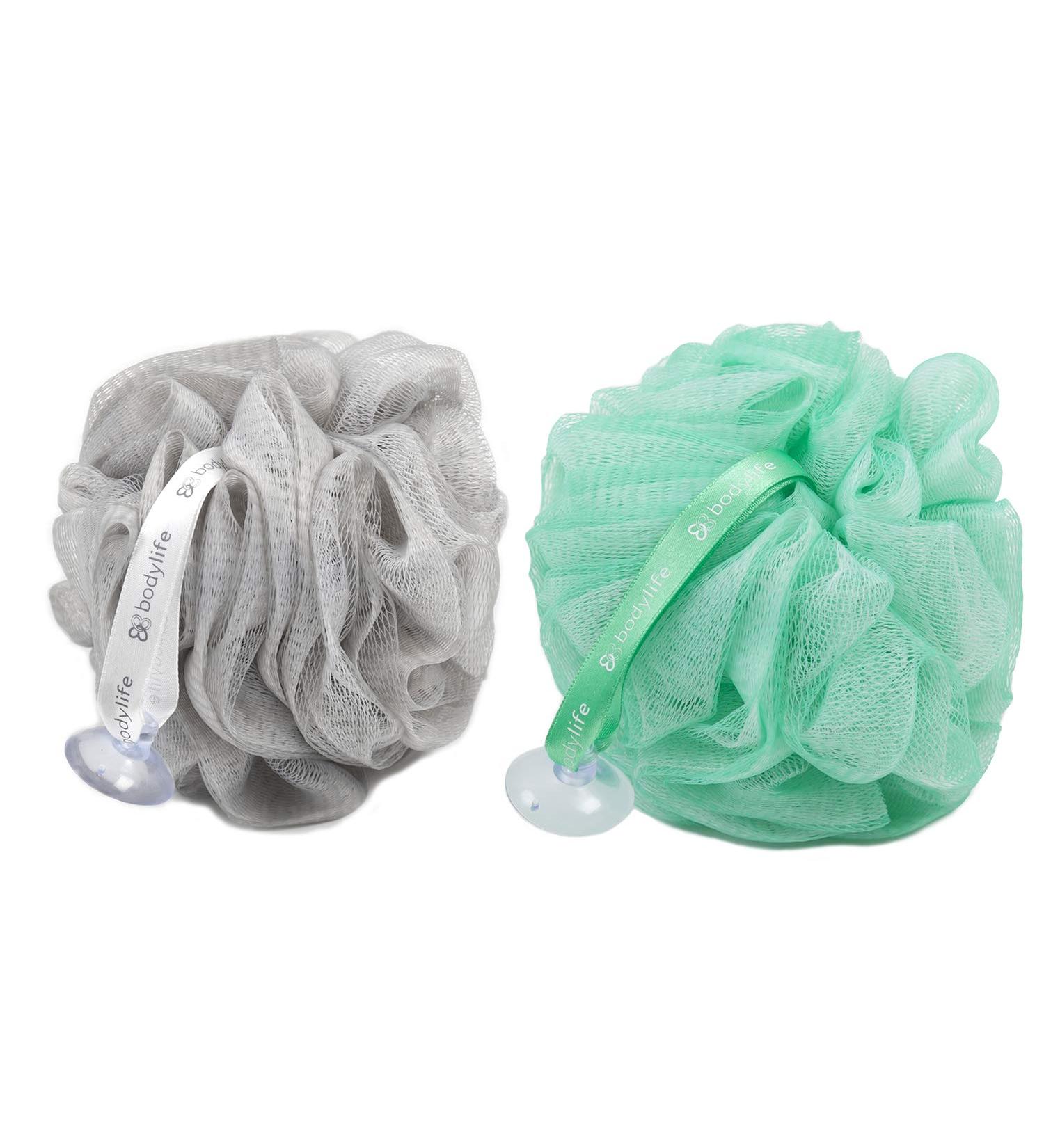 Bodylife Body Buffer Puff Exfoliating Bath & Shower Body Pouf Scrunchie Body Scrubber Grey & Green 55g Twin Pack