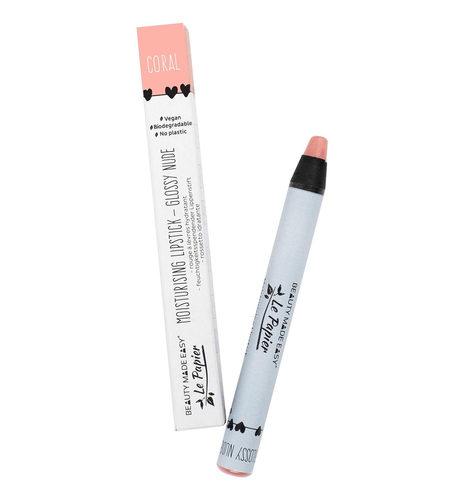 Beauty Made Easy: Vegan Moisturising Lipstick - Glossy Nudes CORAL | Plastic-Free Shea Butter 6g - Buy Online on GoSupps.com
